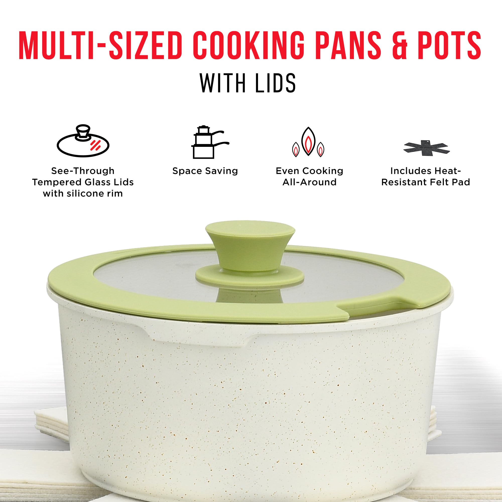 15-Piece Non-Stick Cookware Set with Detachable Handles - Granite Coated Stackable Pots & Pans, Dishwasher & Oven Safe, Induction Compatible for All Stovetops - Green/Cream Kitchen Essentials for Cooking, Baking & Meal Prep