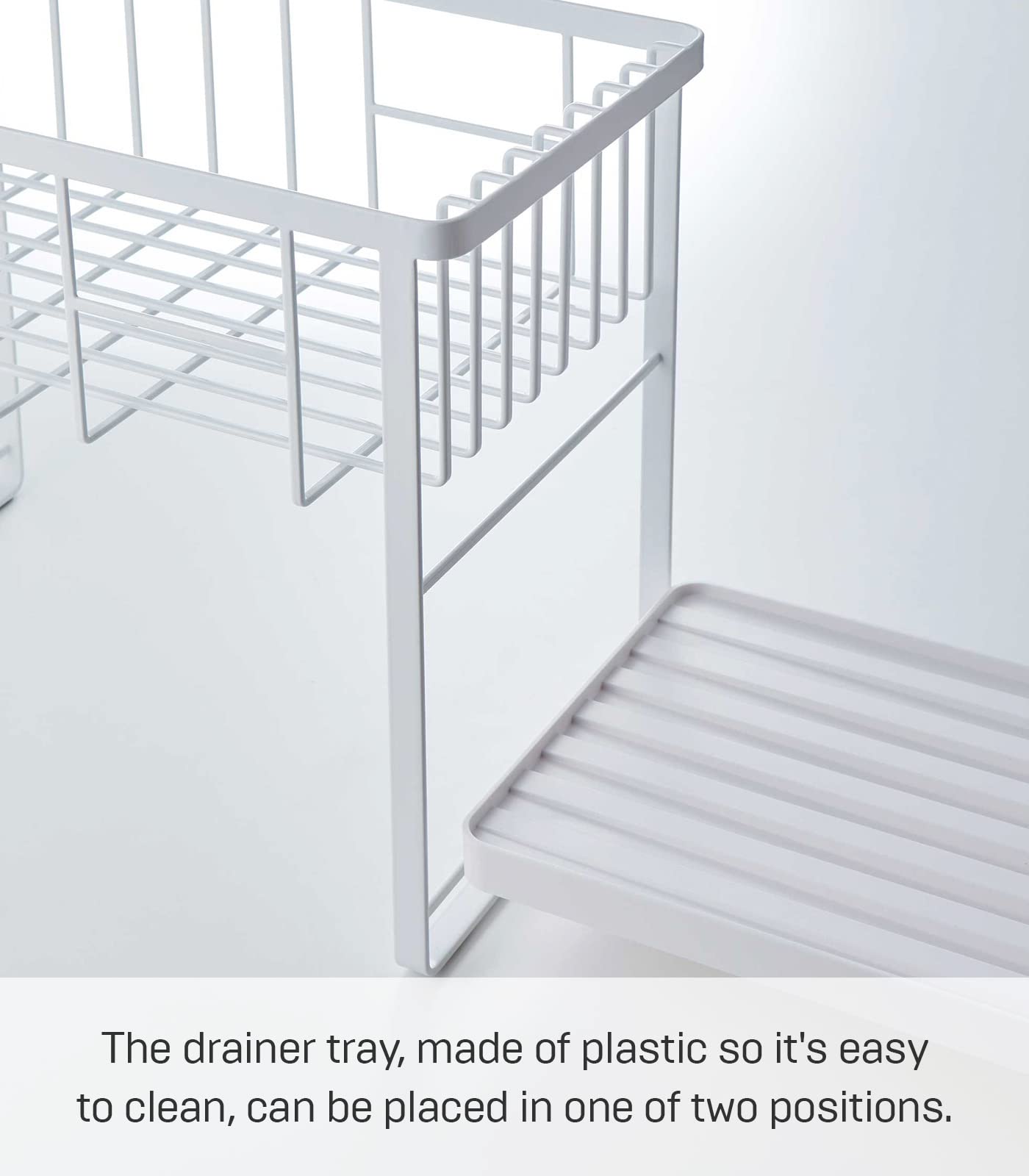 Yamazaki Home Two-Tier Adjustable Dish Drying Rack - Compact Steel Kitchen Organizer with Hooks & Utensil Holder - Water Resistant, No Assembly Required - Perfect for Small Spaces, Countertop Organization & Dish Drainage - White