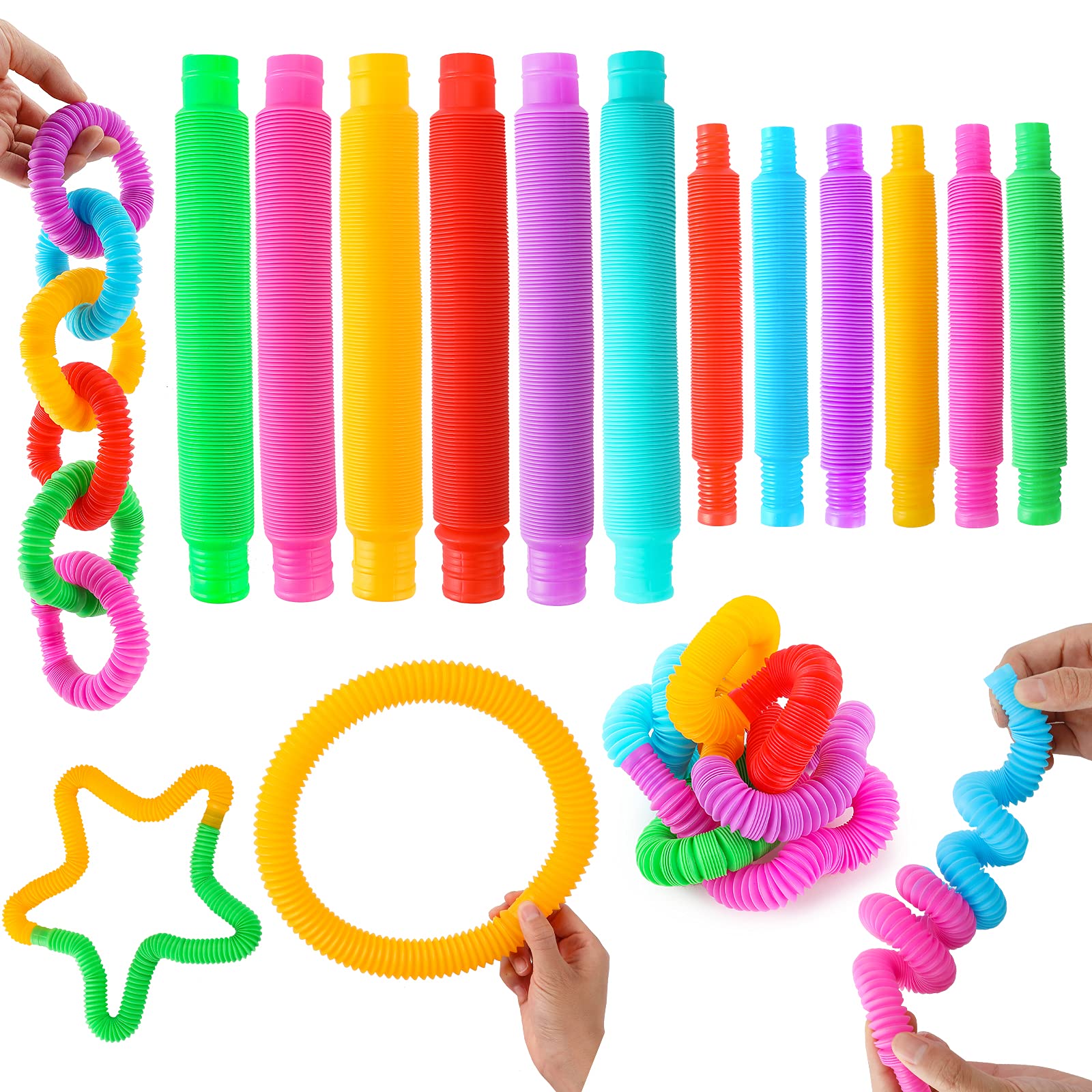 iCool Newest 12-Piece Sensory Fidget Toy Set - Big & Mini Pop Tubes for Stress Relief, ADHD & Anxiety - Perfect for Kids, Adults, Office & Classroom Use