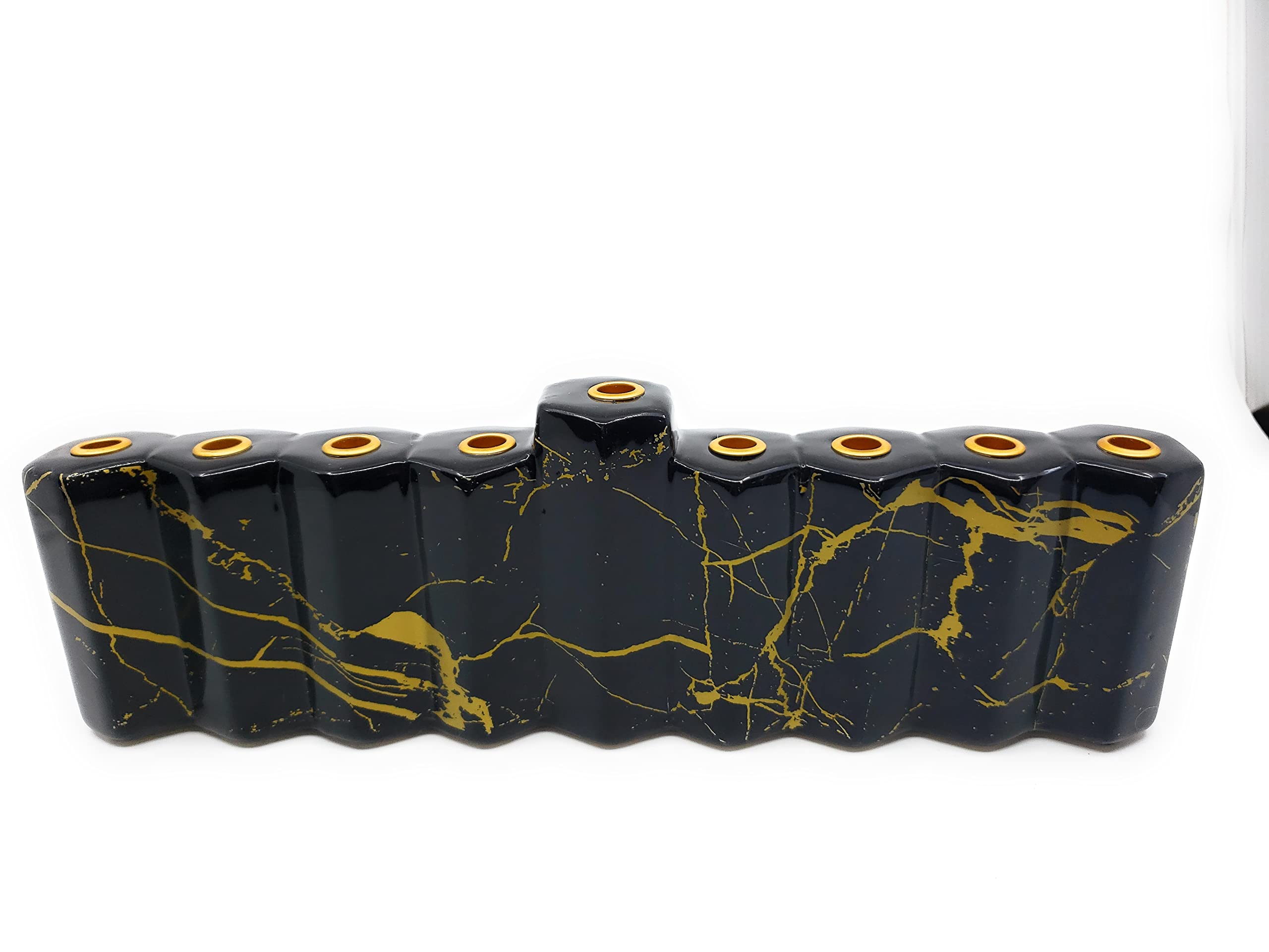 Hand Painted Ceramic Chanukah Menorah Hanukkiah - Black Faux Marble Look with 1 Box of Chanukah Candles | Jewish Holiday Decor for Hanukkah Celebrations & Home Decoration