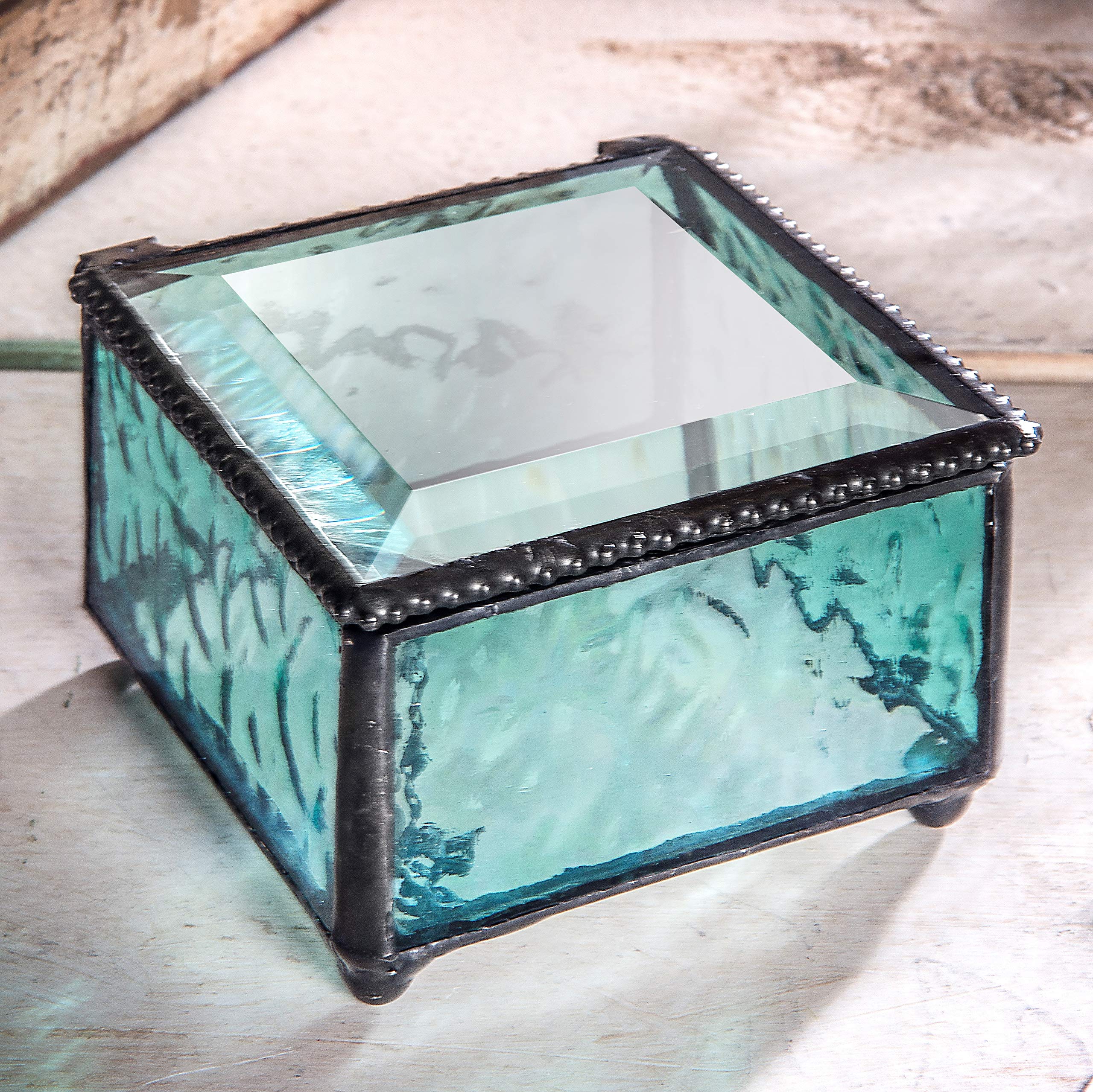 J Devlin - Aquamarine Blue Glass Decorative Trinket Box for Jewelry Storage | Keepsake Gift Box for Home Decor, Wedding Favors & Display Case