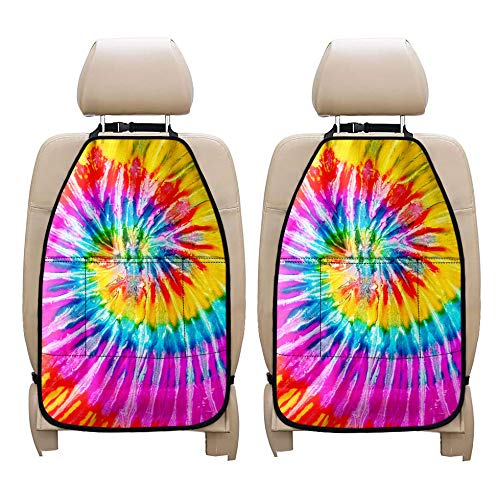 INSTANTARTS Tie Dye Car Seat Kick Mats - Heavy Duty Back Seat Protector with Hanging Organizer & Transparent Phone Pocket (2 Pack) - Perfect for Road Trips, Family Travel & Child Safety