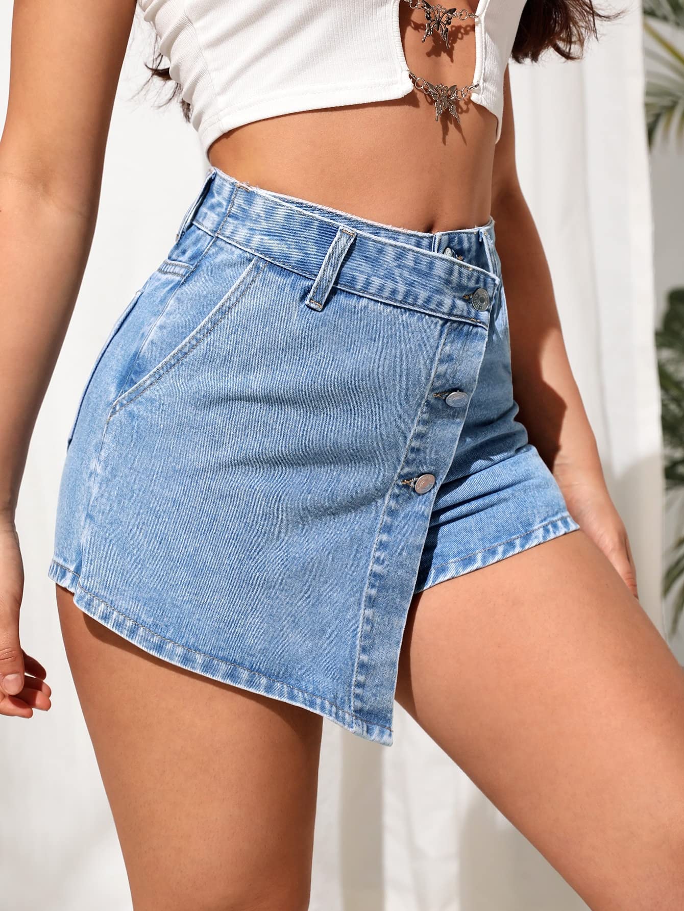 SweatyRocks Women's High Waisted Denim Shorts with Pockets - Button Front Wrap Skirt for Casual Outfits | Perfect for Summer, Beach, and Everyday Wear
