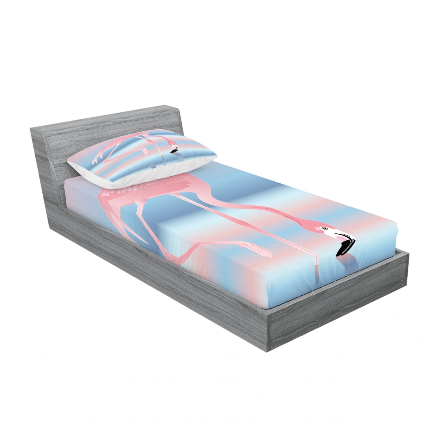 Ambesonne Flamingo 2-Pack Twin Fitted Sheet & Pillow Sham Set - Romantic Birds in Love Lake Design, 4-Piece Pink & Blue Bedding Decor for Girls Room, Dorm, Guest Bed - Soft & Wrinkle-Resistant Microfiber
