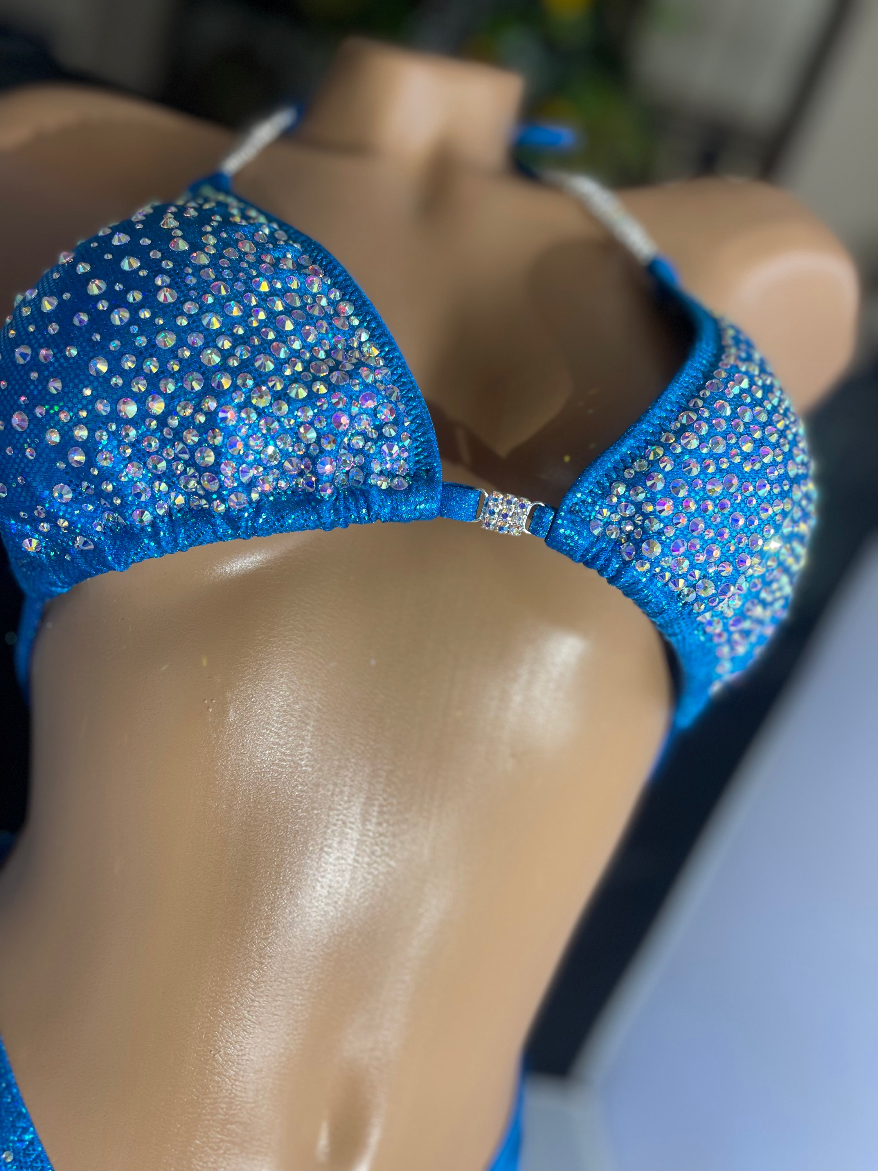 Stunning Turquoise Shattered Glass AB Rhinestone Burst Figure Physique Bodybuilding Posing Suit - Competition, Stage Performance, Fitness Shows