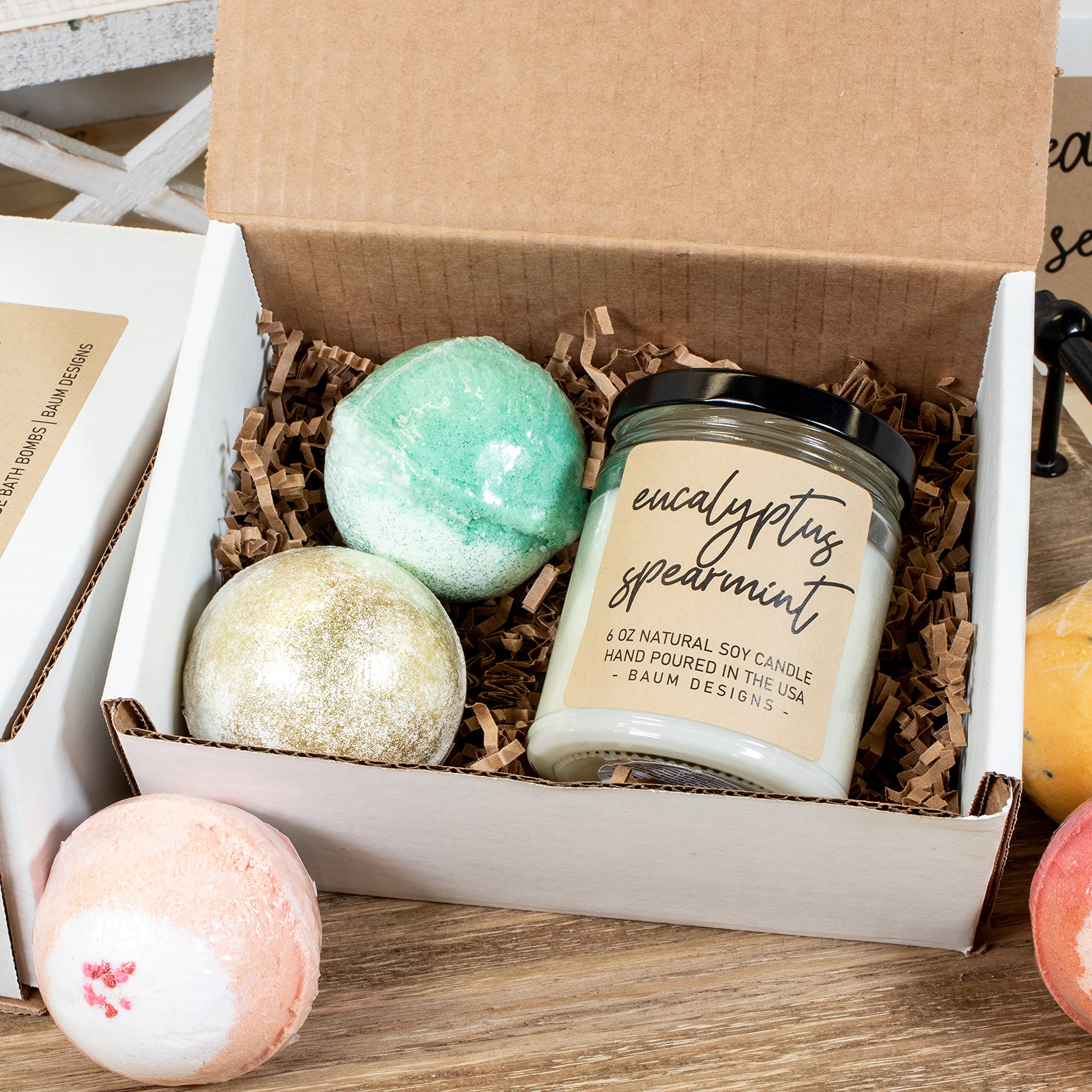 Relaxing Mama Gift Set - 2 Luxurious Bath Bombs & 6oz Eucalyptus Spearmint Soy Candle for Stress Relief | Perfect Self-Care Spa Night, Mother's Day Gift, or Women's Relaxation Present