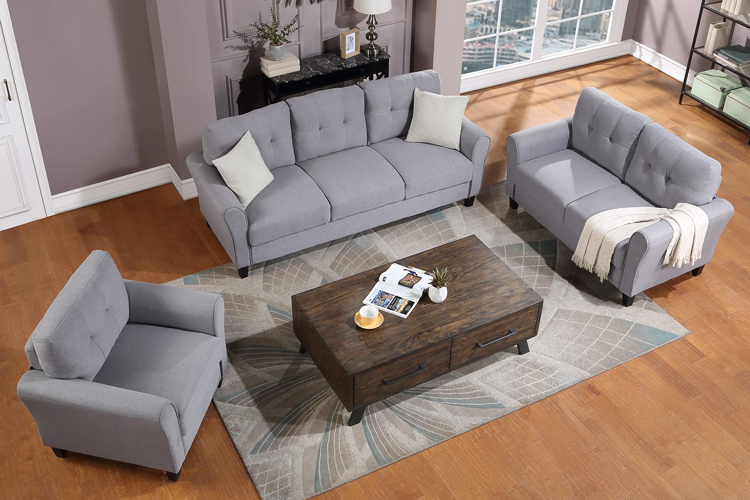 Harper & Bright Designs 3-Piece Modern Sectional Sofa Set with Button Tufted Linen Upholstery - Light Grey-Blue Armchair, Loveseat & 3-Seater Sofa for Living Room, Apartment & Lounge Comfort