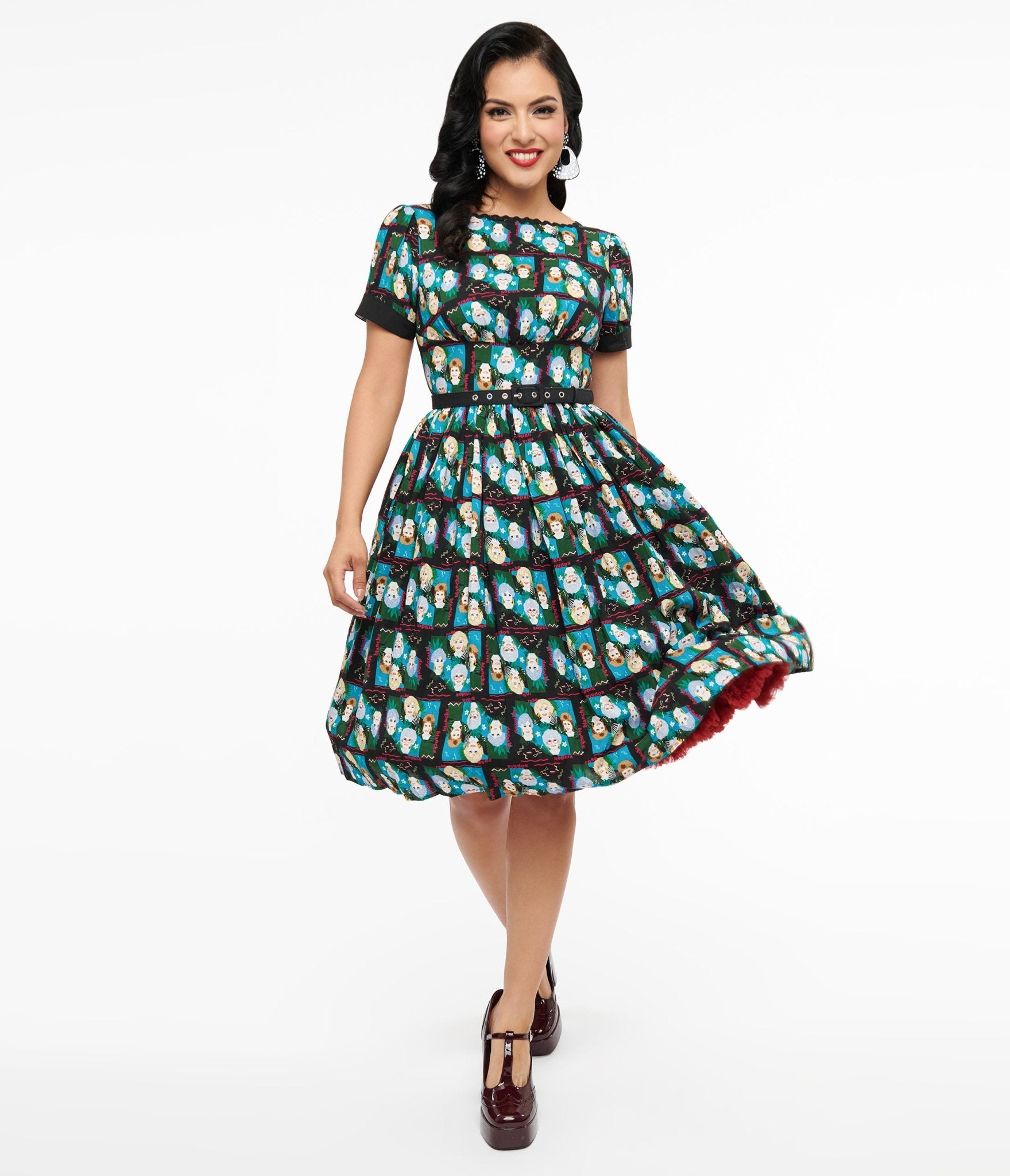 Golden Girls Print Swing Dress - Black & Blue Vintage Style Dress for Women | Perfect for Cosplay, Themed Parties & Retro Fashion