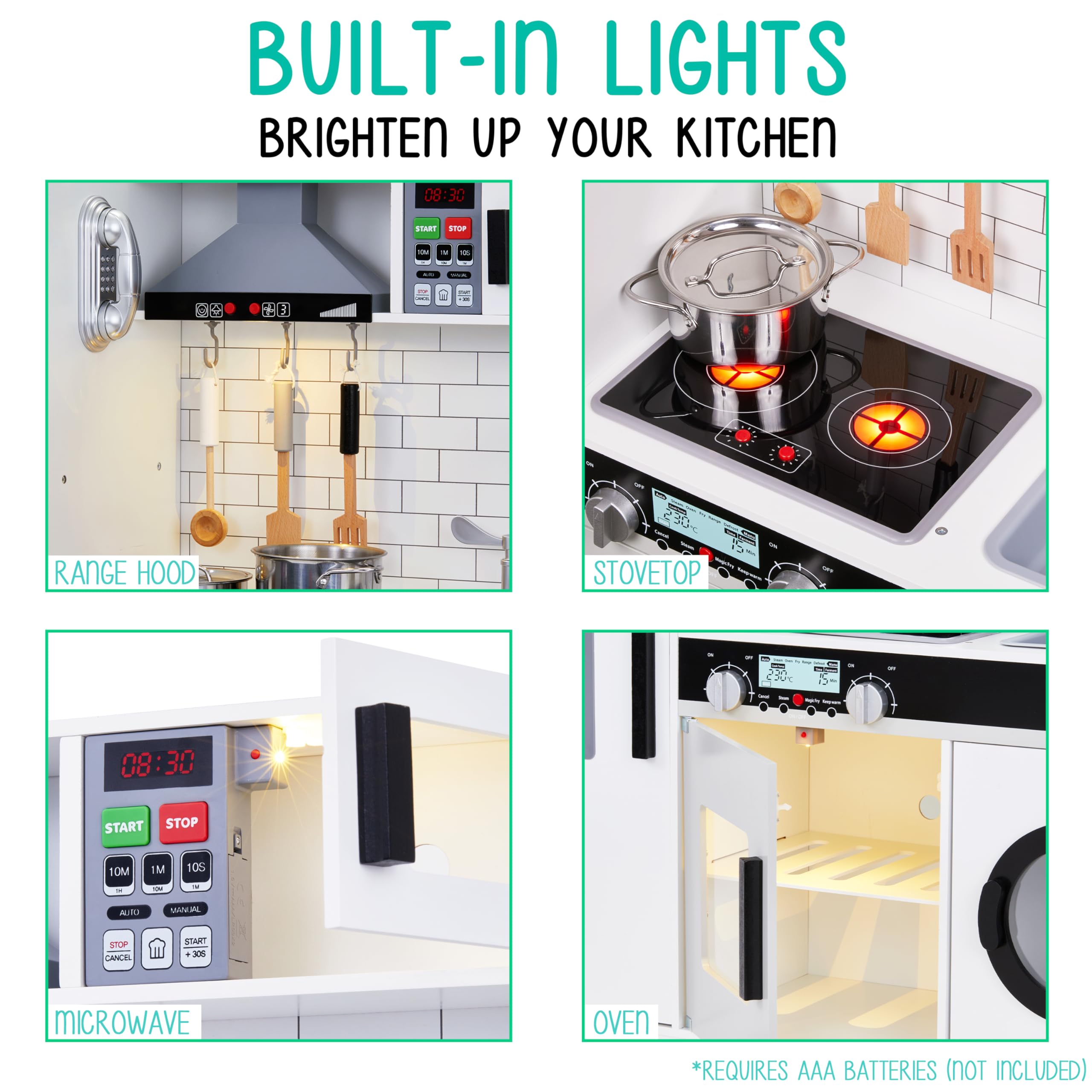 Lil’ Jumbl Kids Wooden Play Kitchen Set with Realistic Sounds & Lights - Pretend Cooking Toy with Battery Operated Icemaker, Microwave, Stove & Oven - Includes Pots, Pans & Utensils - Perfect for Toddler Pretend Play & Early Learning