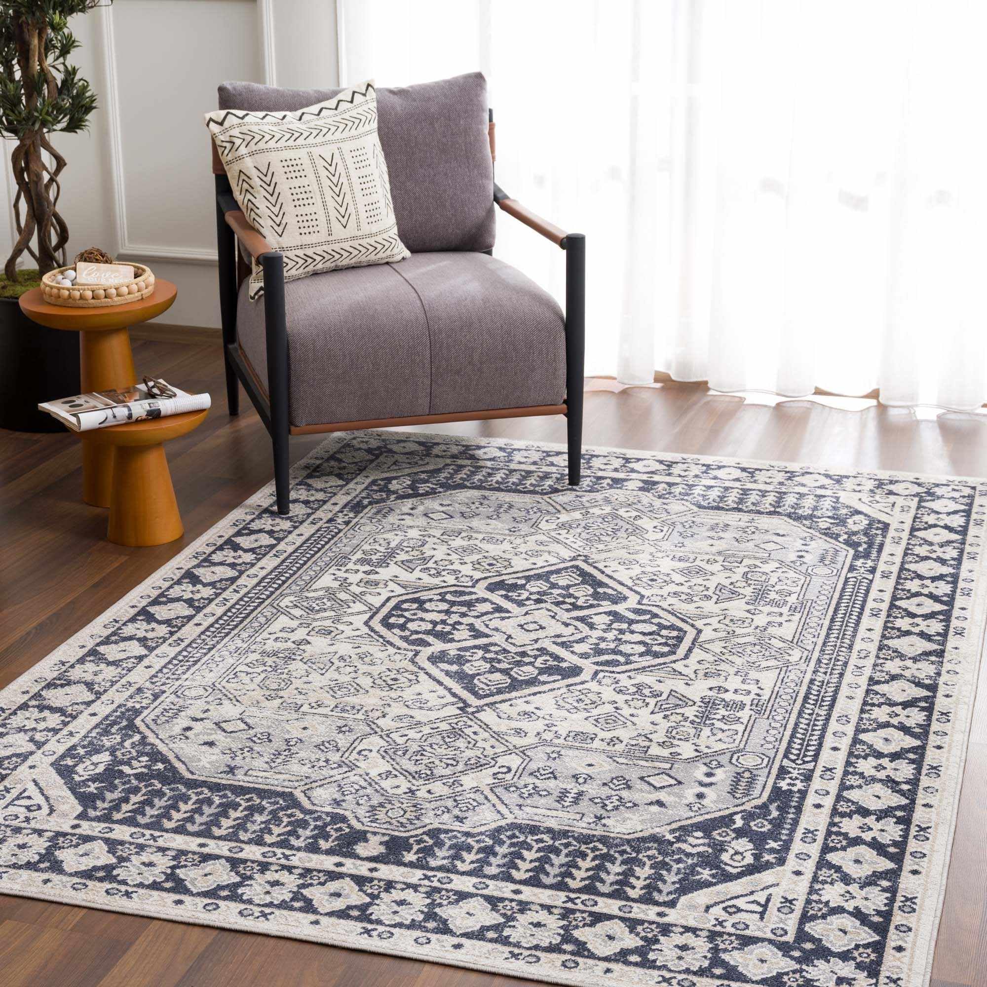 Bohemian Oriental Distressed Area Rug - Machine Washable & Easy to Clean Traditional Medallion Carpet for Living Room, Bedroom - Black, Cream, Grey - 6'7