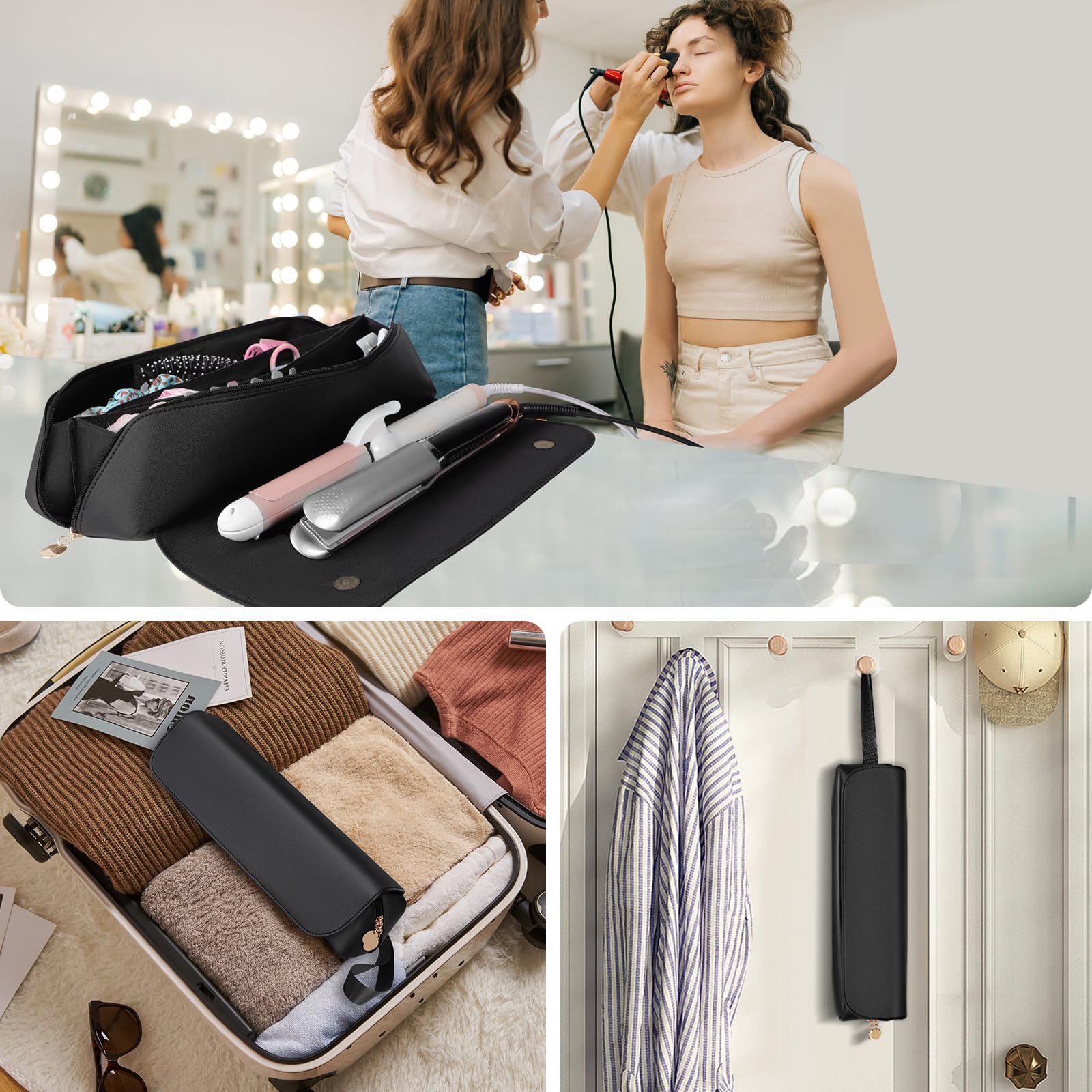 SS Hair Tools Travel Bag & Heat Resistant Mat for Hot Styling Tools - Leather Curling Iron Organizer Case for Women's Hair Accessories | Portable Travel Essentials for Blow Dryers, Straighteners & Curling Wands | Perfect for Salon Professionals & On-the-Go Styling