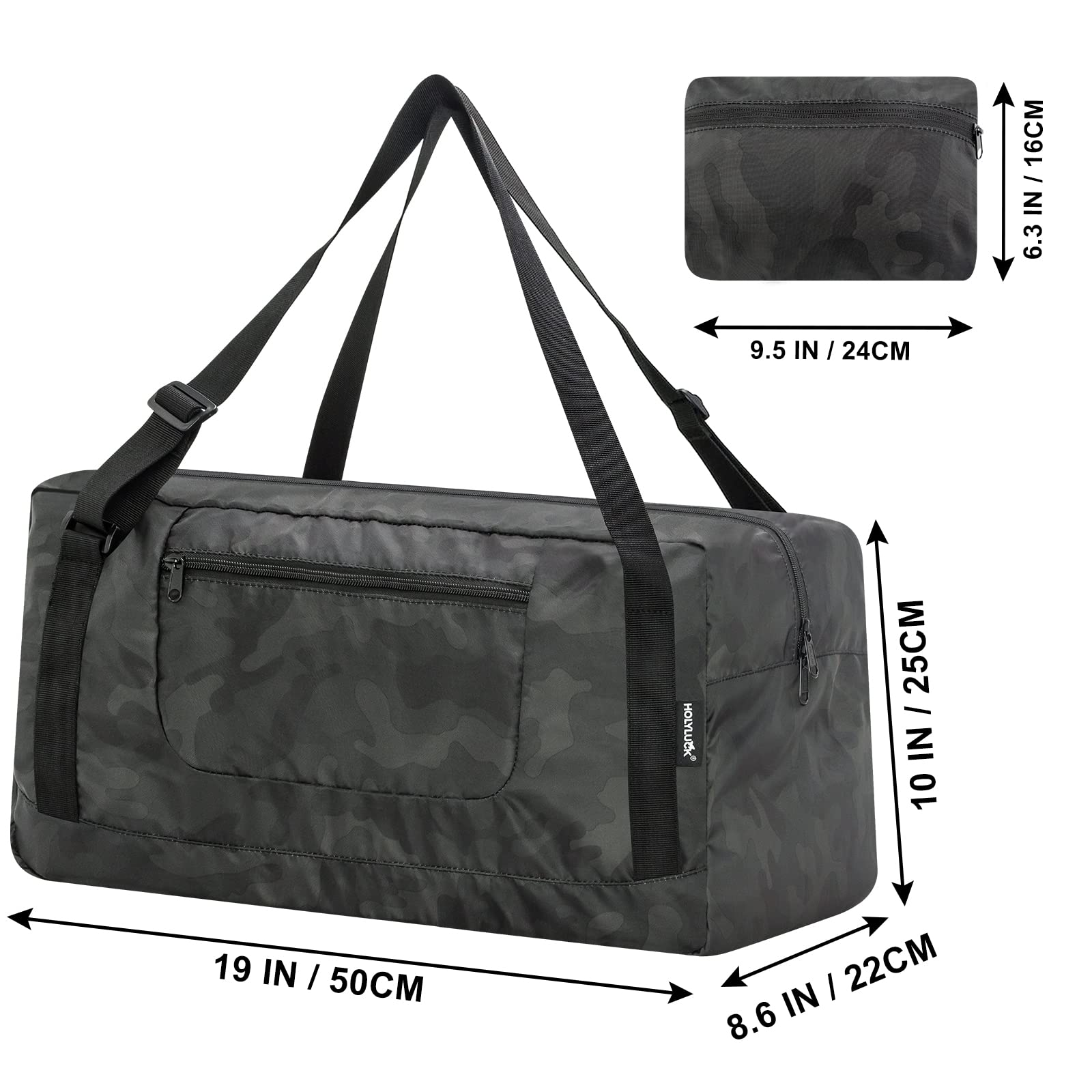 HOLYLUCK Foldable Travel Duffel Bag for Women & Men - Lightweight Gym Bag with Shoulder Strap - Perfect for Workout, Sports, Travel & Weekend Getaways (Midnight Camo)