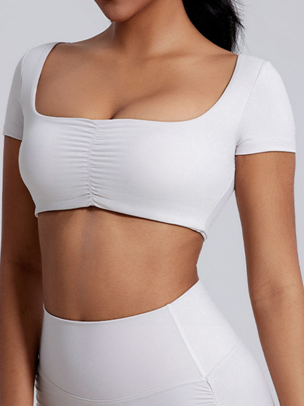 ZASUWA Women's Sexy Solid Color U-Neck Quick Dry Short Sleeve T-Shirt - Perfect for Summer, Gym, and Casual Wear