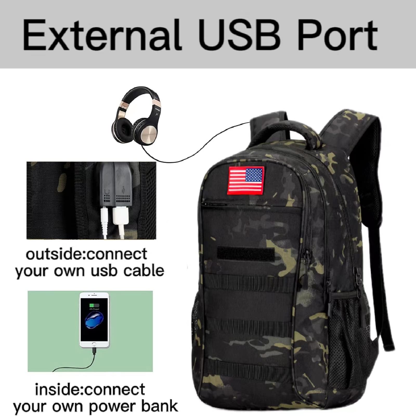 Military Tactical Backpack for Boys 40L - Camo School Backpack with USB Charging Port - Durable Teen & Men's Hiking, Travel & Everyday Use Backpack