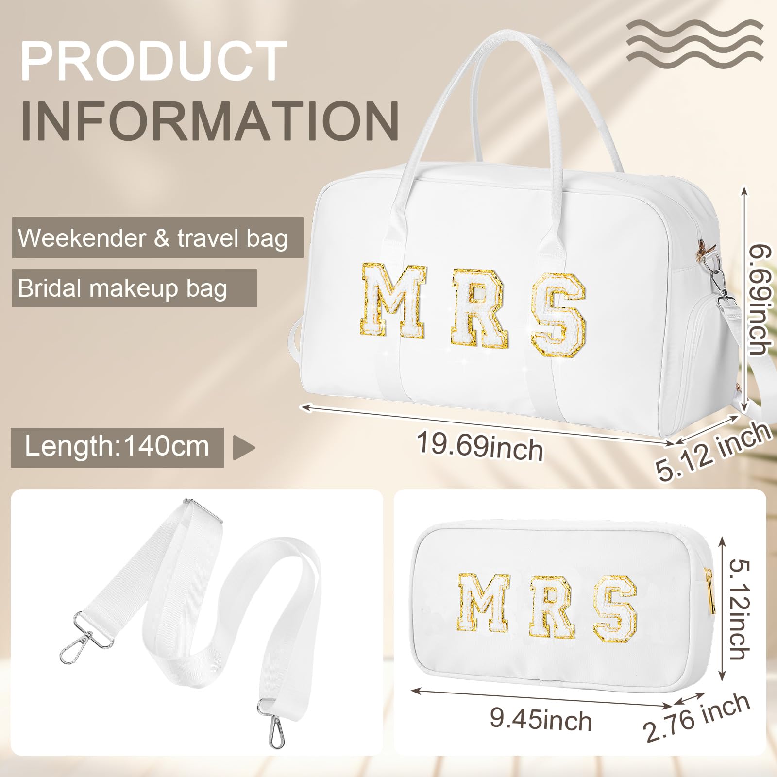 2 Pcs Wedding Weekender Bag for Bride & Groom - Personalized Chenille Letter Patch Duffle Travel Bag - Perfect for Bridal Shower, Honeymoon, Bachelorette Party & Romantic Getaways (MRS)