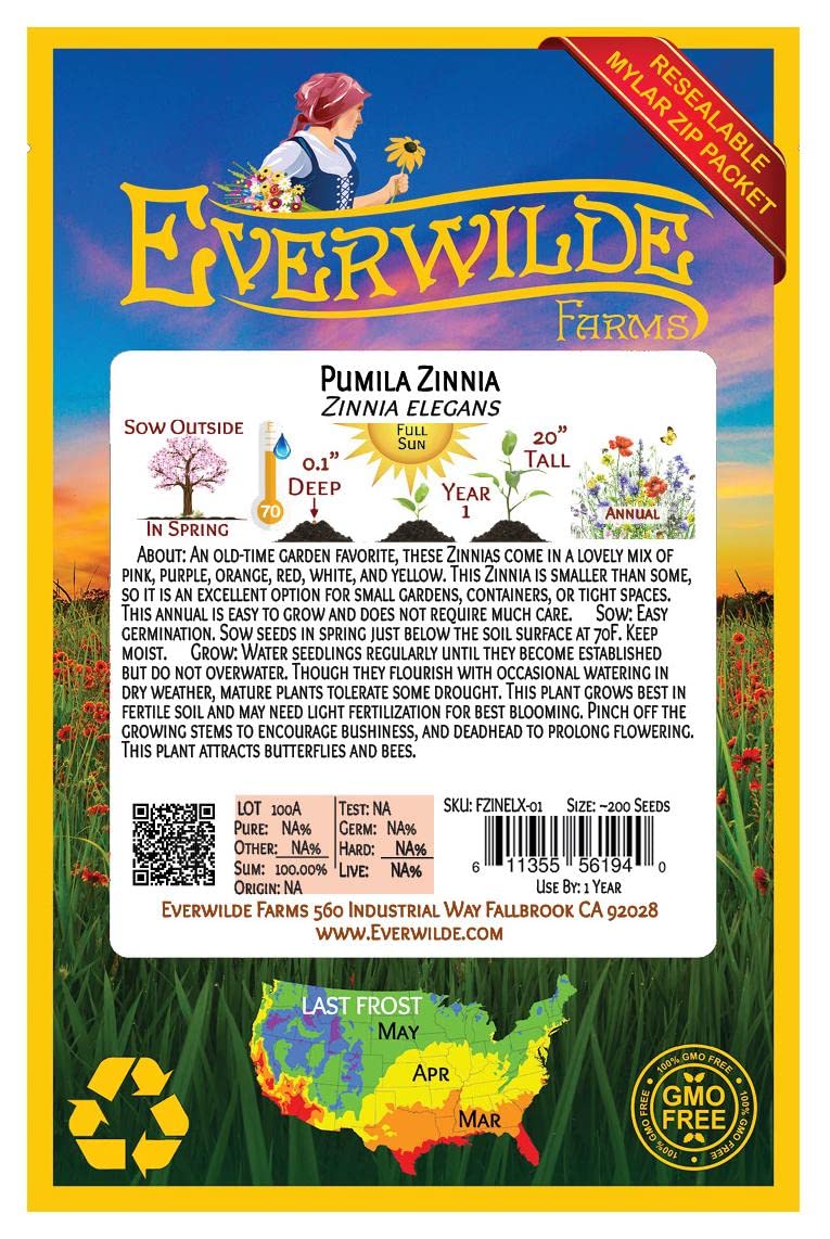 Everwilde Farms - 200 Pumila Mix Zinnia Wildflower Seeds - Gold Vault Jumbo Seed Packet for Garden, Landscaping & Pollinator-Friendly Planting