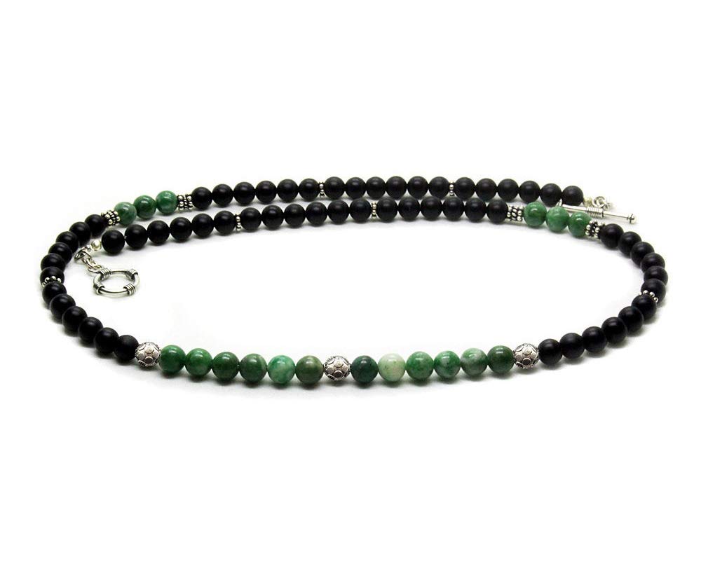 Men's Beaded Necklace - Jade & Onyx Stone Necklace with Silver Beads | Handmade Spiritual Jewelry for Meditation, Yoga & Boho Fashion