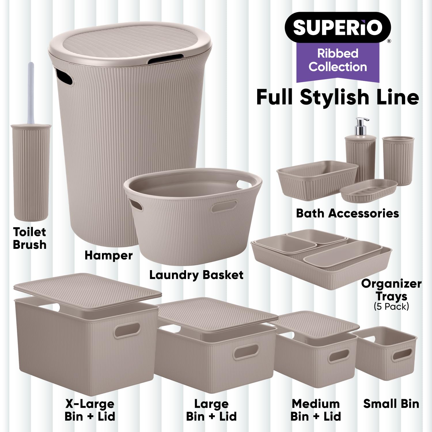 Superior Ribbed Plastic Storage Bins - 2 Pack Large Taupe Organizer Baskets (15L/16Qt) for Home, Closet, Shelves & Drawer Organization | Decorative Open Storage Boxes for Bedroom, Bathroom & Office