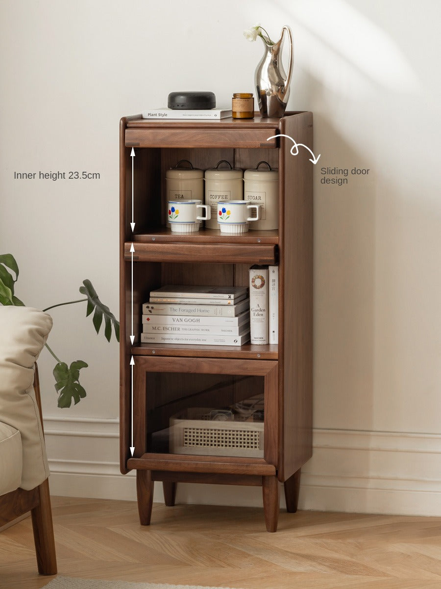 Solid Black Walnut & Oak Wood Glass Flip Door Display Cabinet with LED Lights - Perfect for Living Room, Bedroom & Office Storage & Display