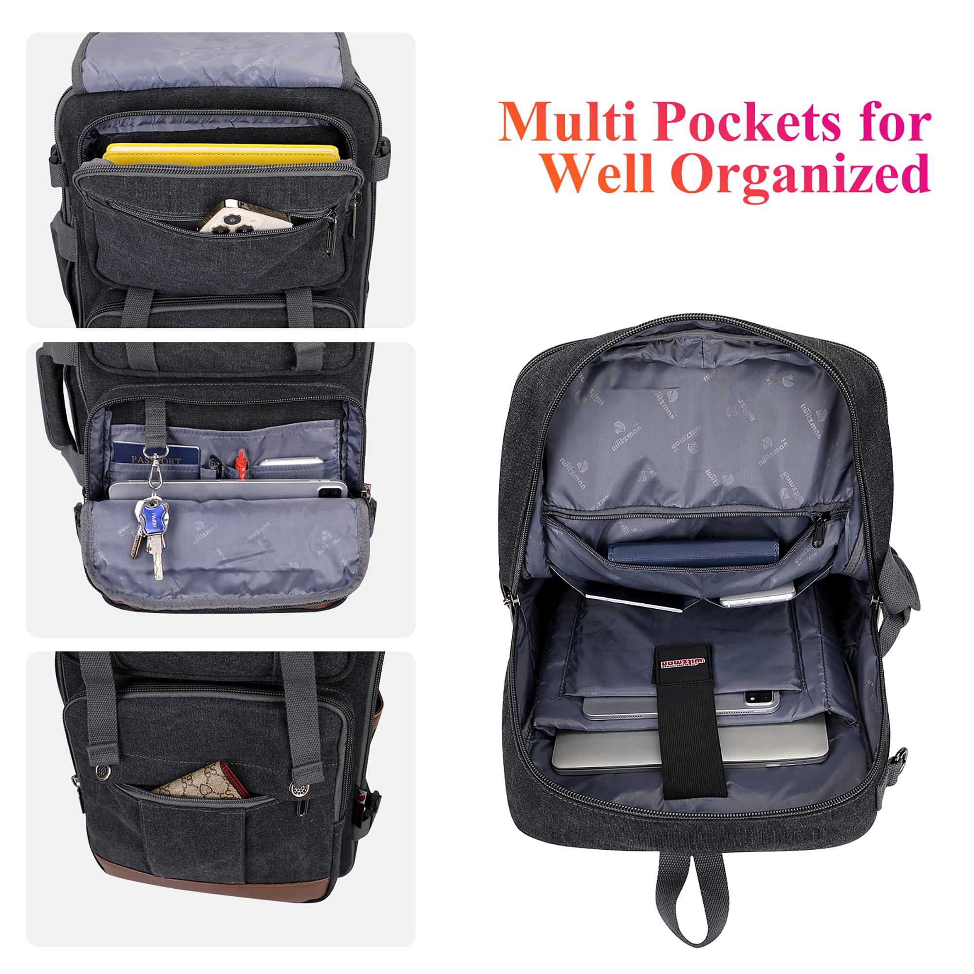 WITZMAN Large Travel Backpack for Men - 17 Inch Laptop Backpack, Airline Approved Carry-On, Convertible Shoulder Rucksack (A6617-3 Black) - Perfect for Business Trips, Commuting & Outdoor Adventures