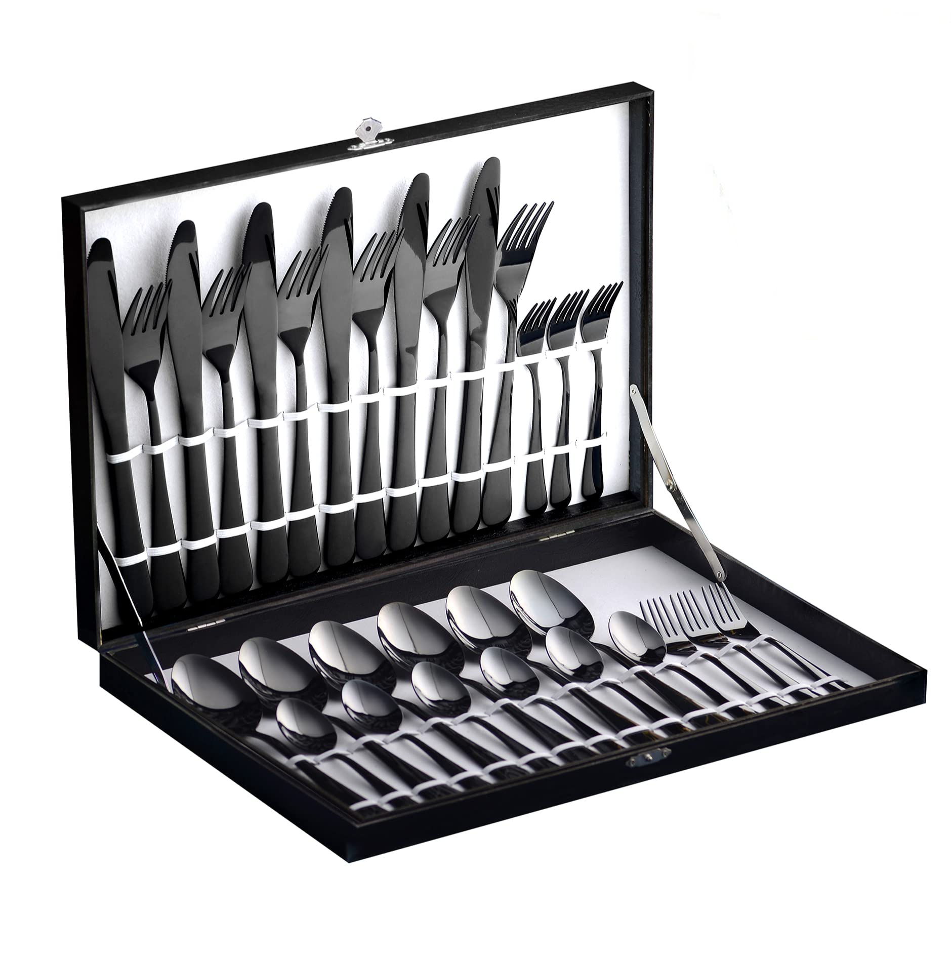 Velaze 30-Piece Stainless Steel Flatware Set for 6 - Mirror Polished Silverware with Forks, Spoons & Knives - Elegant Gift Box - Durable Kitchen Utensils (Black) - Perfect for Dinner Parties, Weddings & Housewarming Gifts