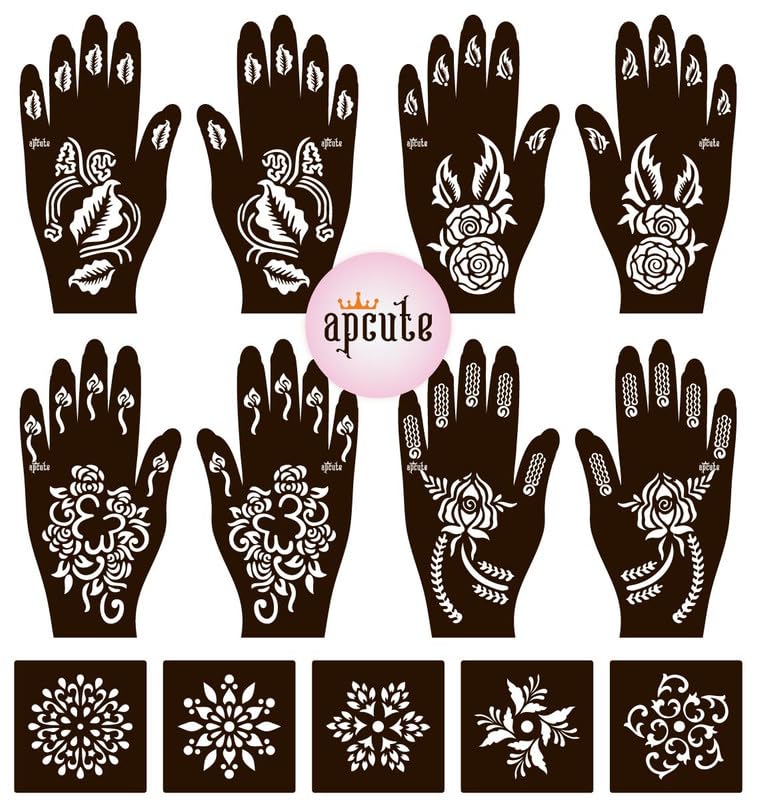Apcute 13-Piece Henna Stencil Kit | Temporary Tattoo & Mehndi Stencils for Hands - Easy 4-Step Application - Perfect for Women & Girls - DIY Body Art for Weddings, Parties & Festivals