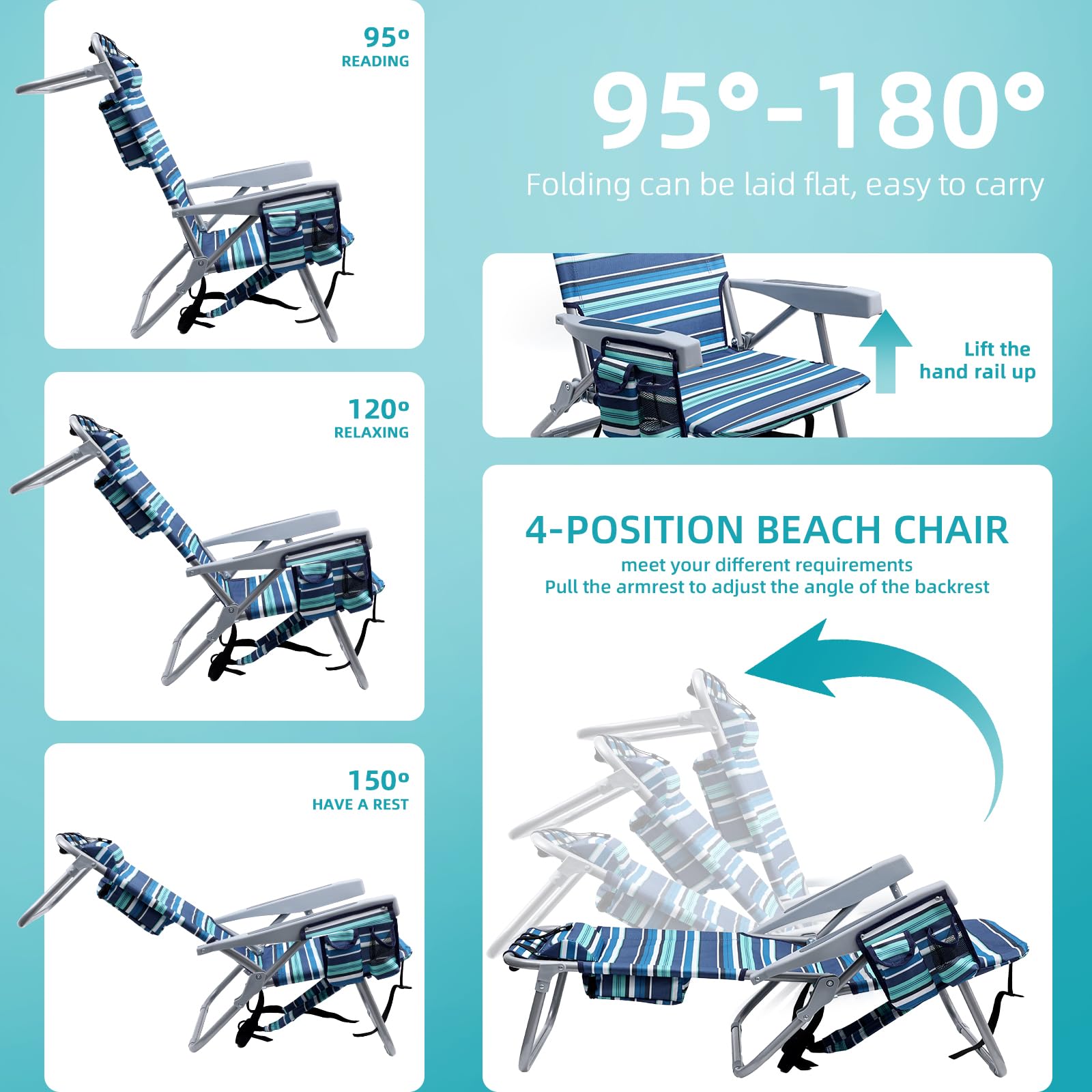 Heavy Duty Beach Chairs for Adults - Portable Folding Chair with Backpack Straps & Large Cooler Pouch, Supports 350LBS - Compact Lay Flat Design (Blue & Cyan Stripes) - Perfect for Beach, Camping, Picnics and Outdoor Relaxation
