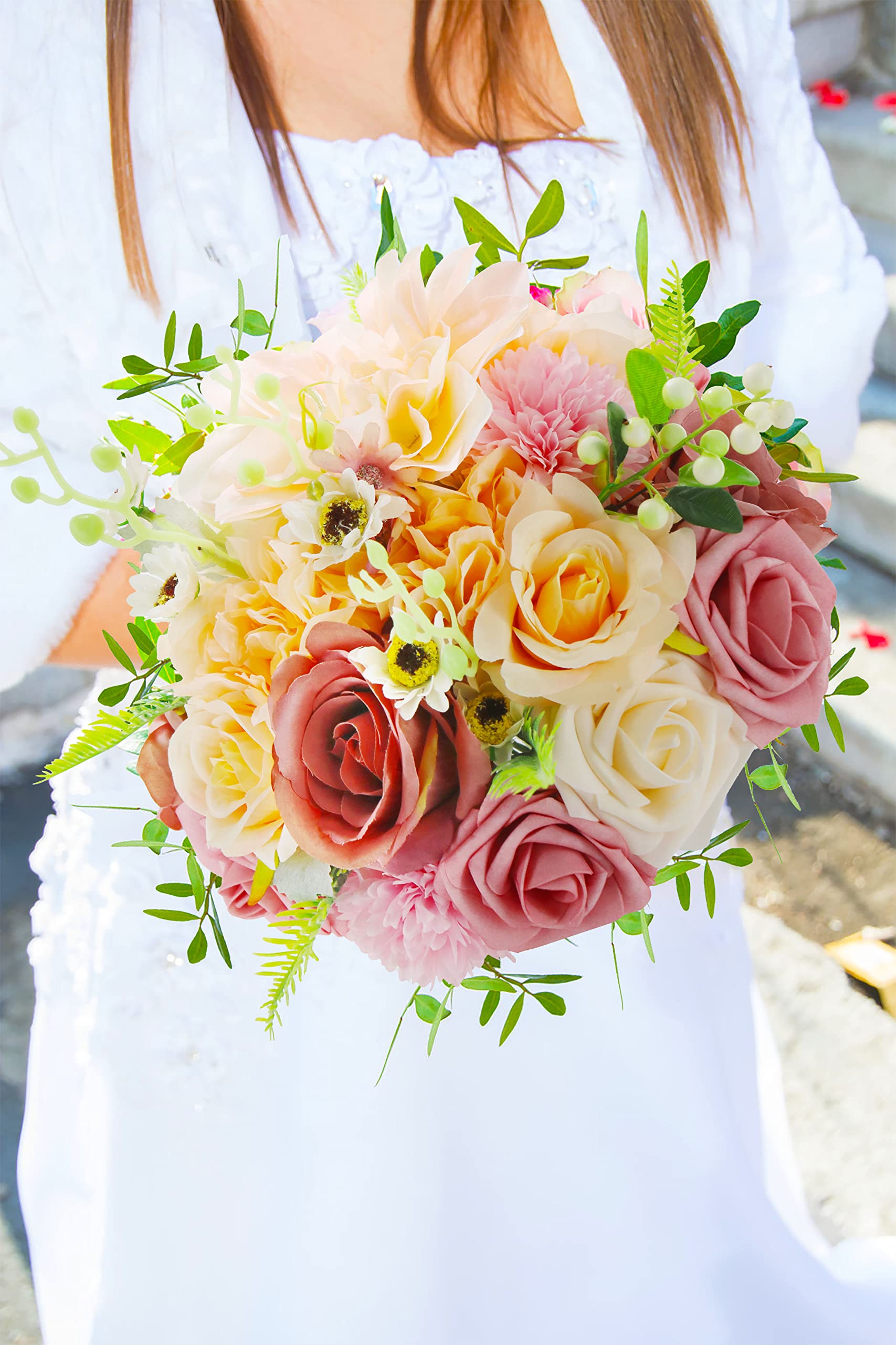 23pcs Artificial Silk Rose & Daisy Flower Bouquet with Stems - DIY Wedding Arch, Bridal Shower, Baby Shower, Home Decor & Party Centerpieces