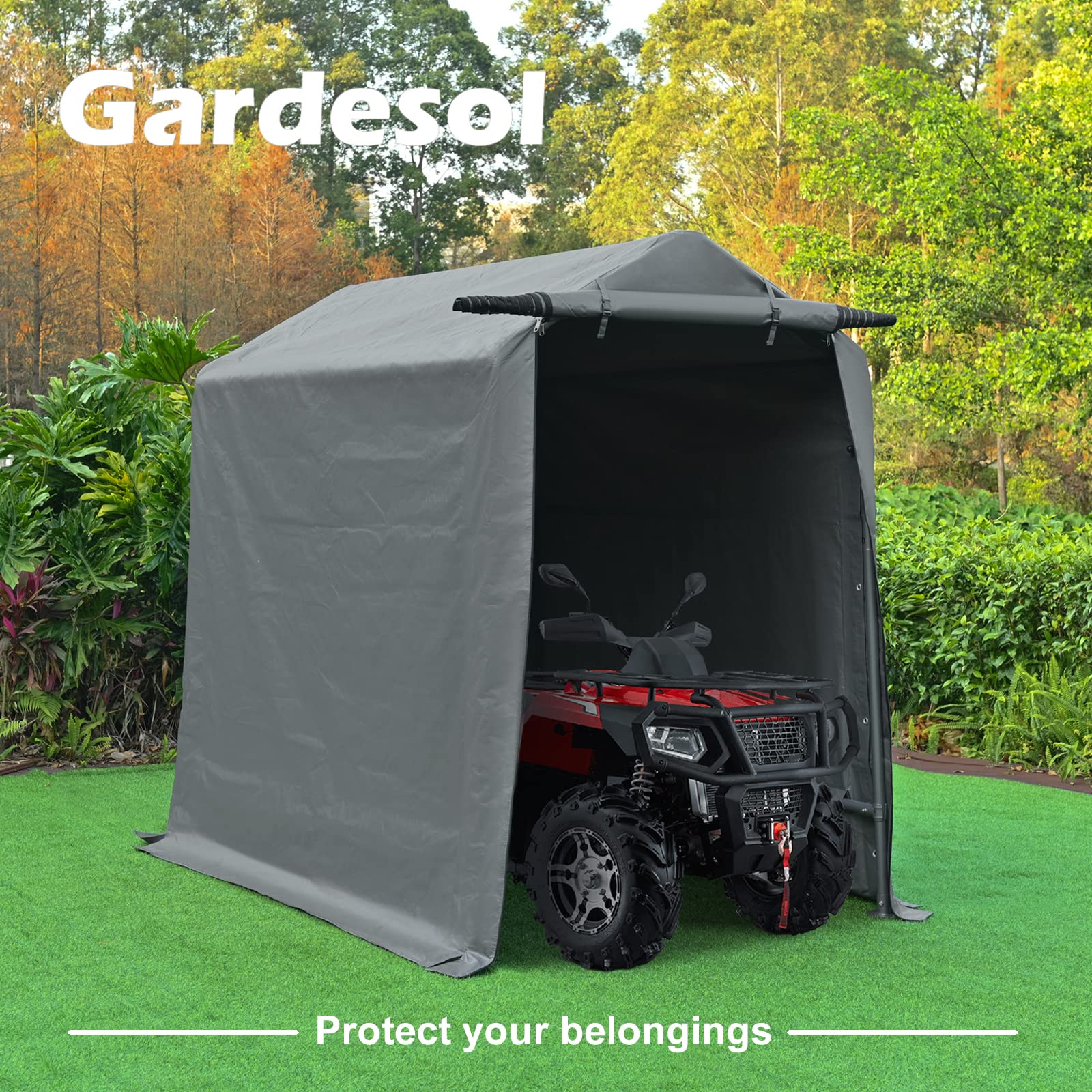 **Gardesol 6x8 ft Portable Storage Shelter - Waterproof & UV Resistant Outdoor Shed with Roll-Up Zipper Door for Bikes, ATVs, Motorcycles (Gray) - Perfect for Backyard, Garage, and Patio Storage**