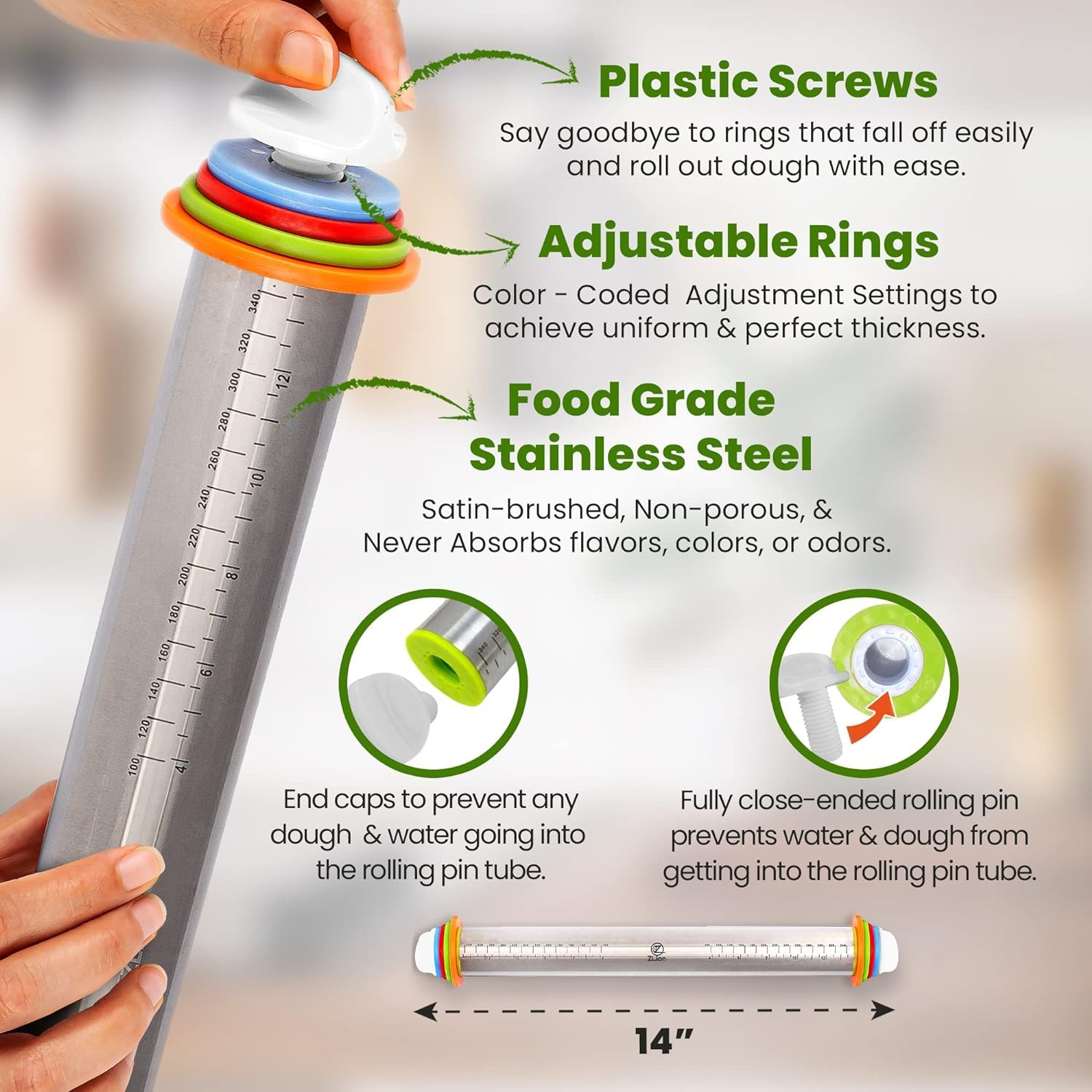 Premium Stainless Steel Rolling Pin with Thickness Rings - Adjustable Dough Roller for Baking Pizza, Pastry, Pasta & Cookies | Non-Stick & Corrosion-Resistant | Perfect for Home Bakers & Professional Kitchens