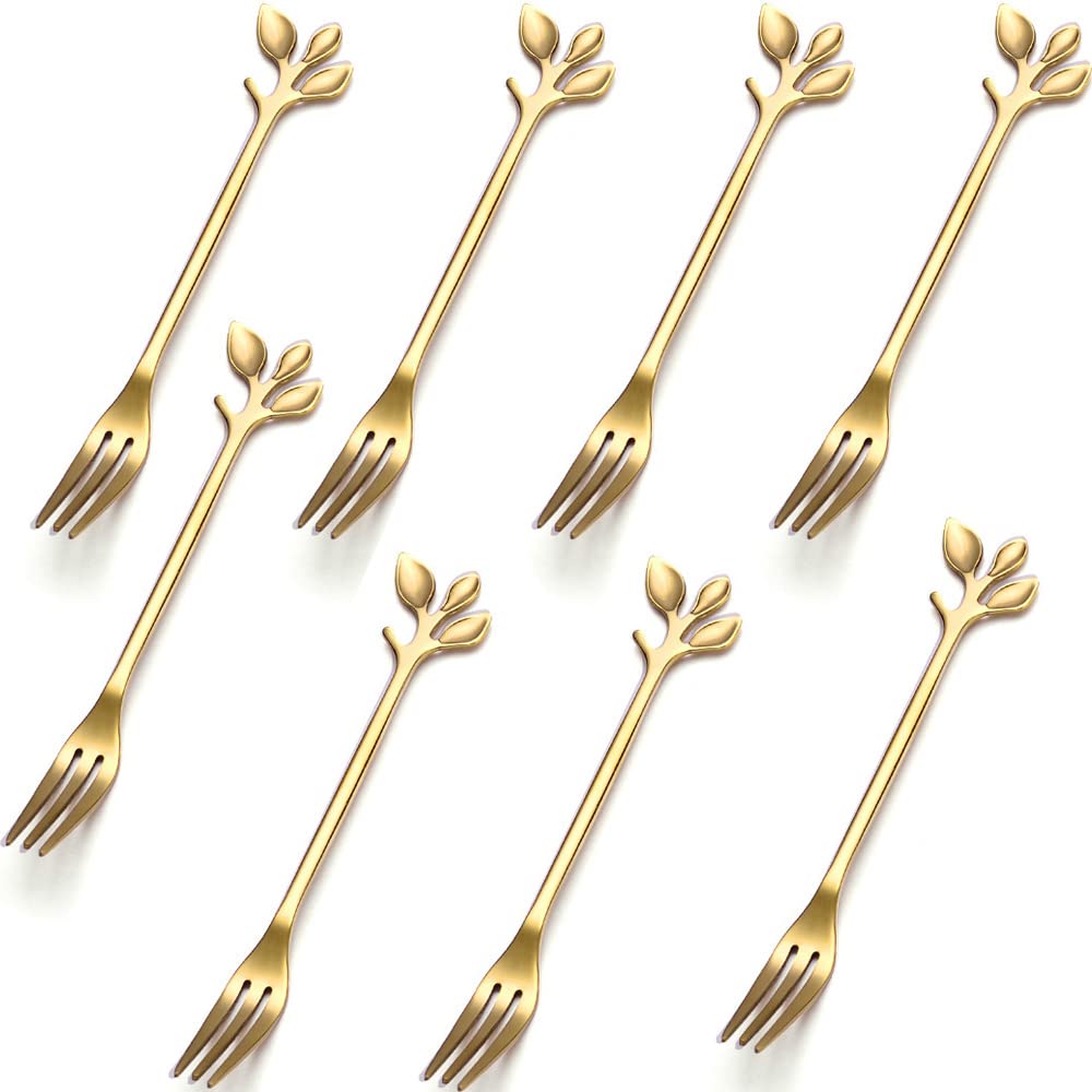8-Piece Gold Dessert Forks Set - 5 Inch Modern Stainless Steel Tea Forks, Small Cake & Fruit Forks for Parties, Weddings & Events - Elegant 3-Tine Silverware (Dishwasher Safe) - Perfect for Afternoon Tea, Dessert Buffets & Wedding Receptions