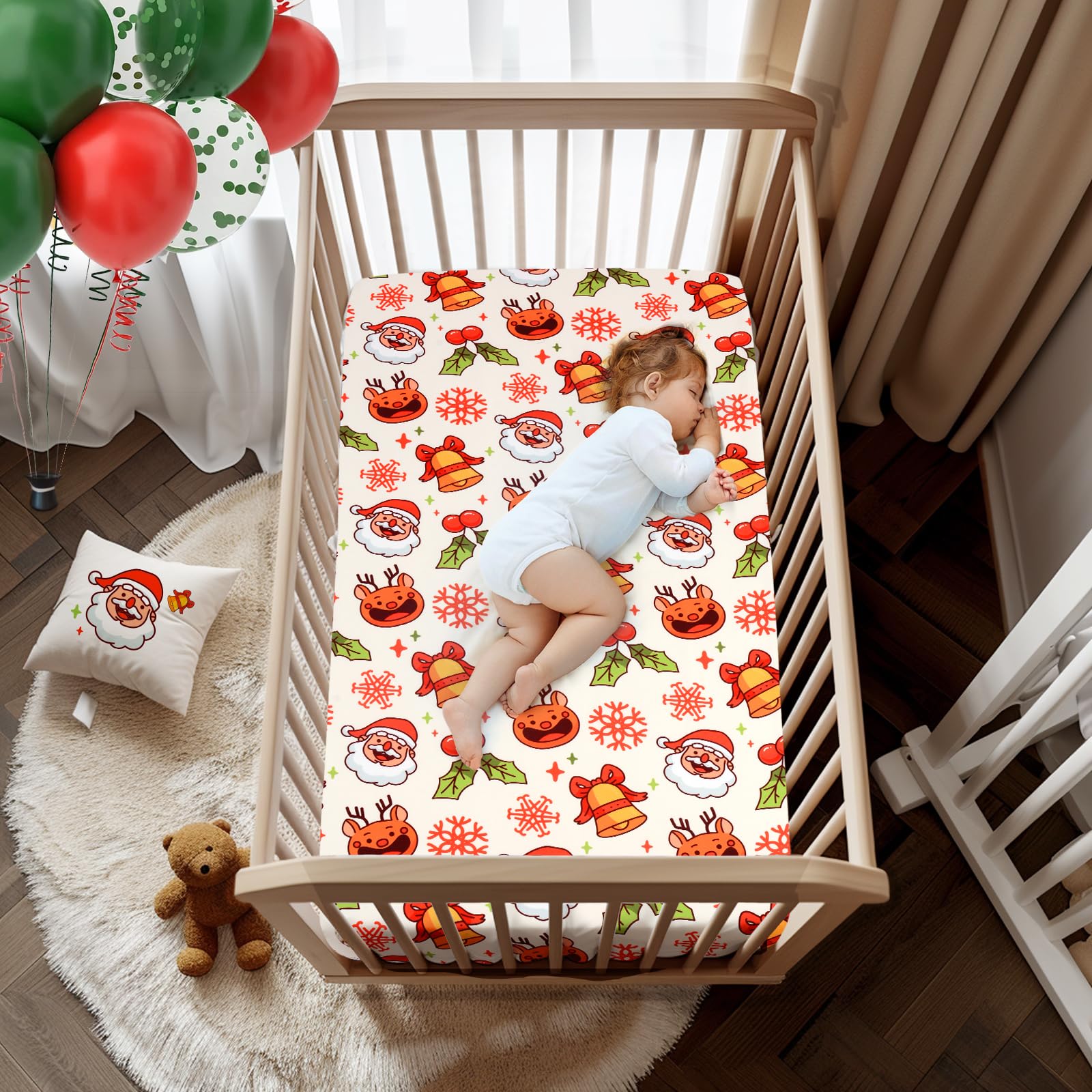 JISEN Christmas Santa Claus Fitted Crib Sheet - Soft Breathable Baby Bed Sheet for Boys & Girls (52x28 Inch) | Neutral Deer Design for Standard Crib & Toddler Mattress | Perfect for Nursery, Holiday Decor & Baby Shower Gifts