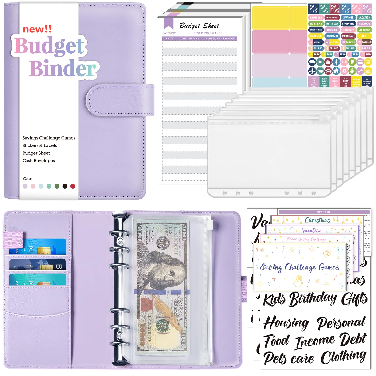 Sooez Money Saving Binder with Cash Envelopes - Budget Planner with Expense Trackers, Challenge Sheets & Category Labels - Financial Organizer for Home, Office & School - Perfect for Cash Envelope System & Savings Goals
