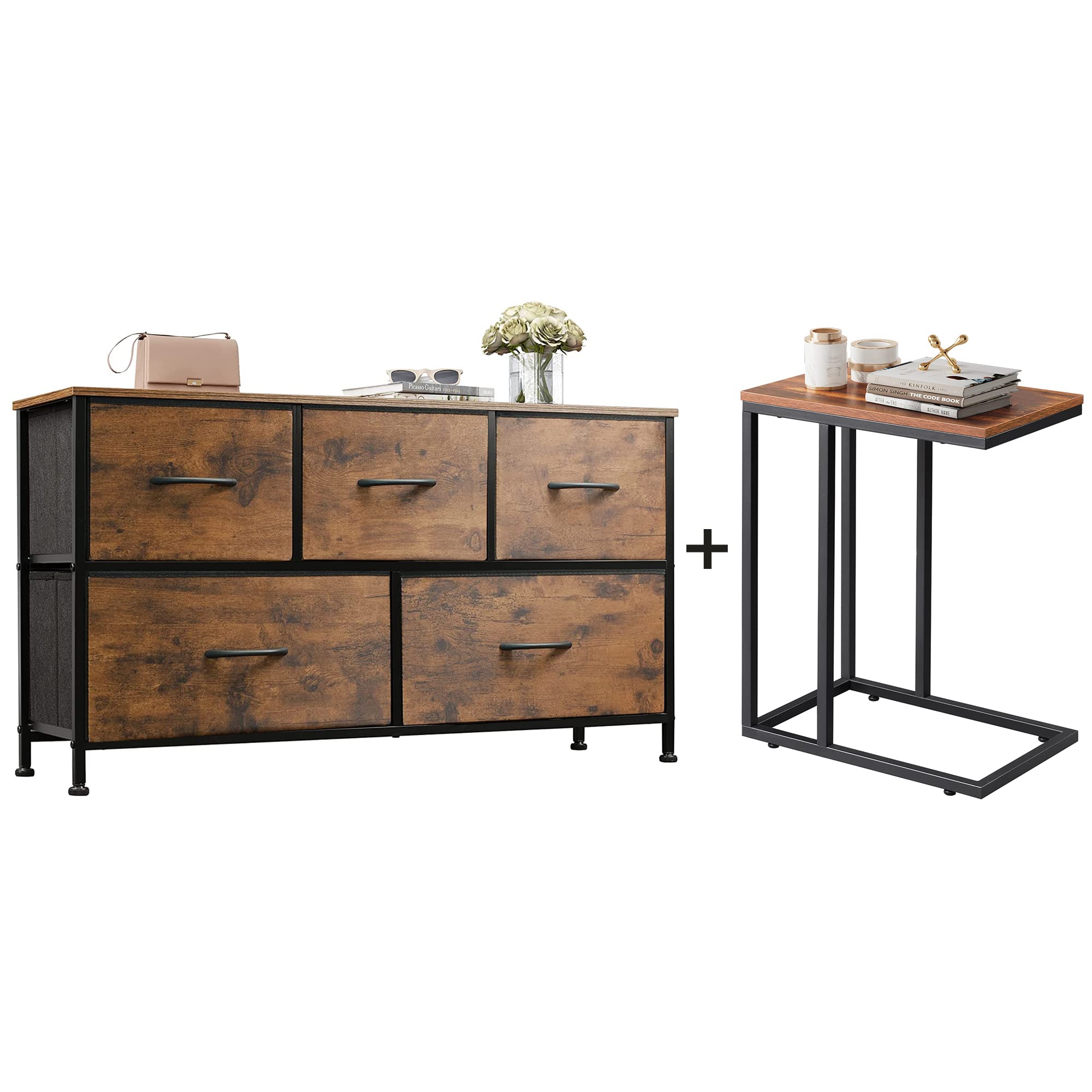 WLIVE 5-Drawer Dresser and Nightstand Set, Rustic Brown Wooden Bedroom Furniture for Storage & Organization - Perfect for Master Bedroom, Guest Room, or Dorm Decor