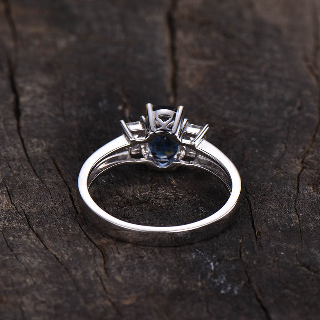 Vintage Natural Oval Cut Sapphire and Baguette Cut Moissanite Three Stone Engagement Ring for Women - Perfect for Proposals, Anniversaries, and Wedding Bands