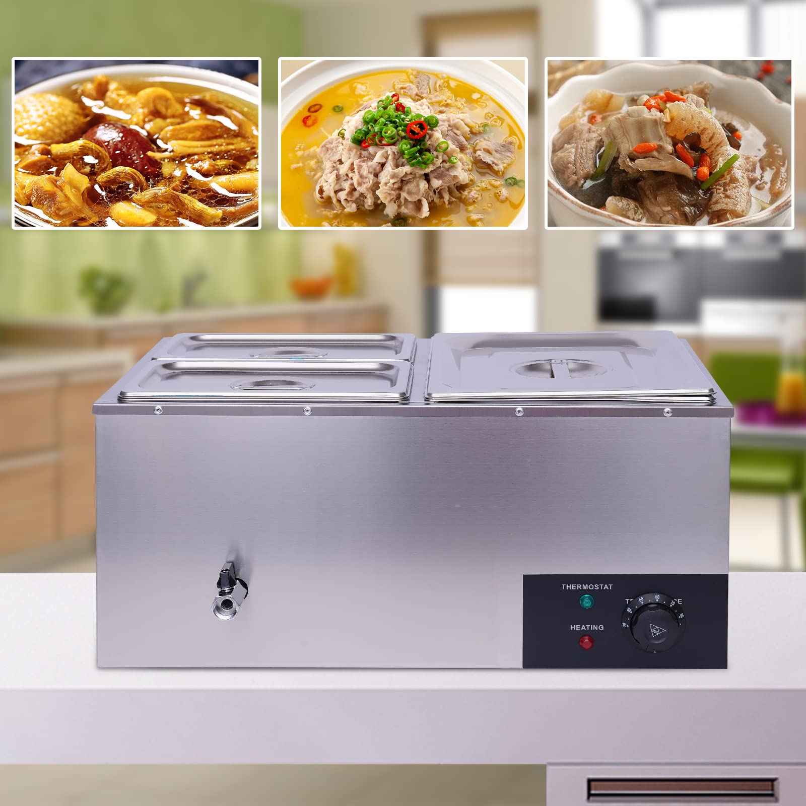 3-Pan Commercial Electric Buffet Food Warmer | Stainless Steel Countertop Steamer with Adjustable Heat | 110V 600W Buffet Server for Catering, Restaurants & Events | Perfect for Keeping Food Warm at Buffets, Banquets and Catering Services
