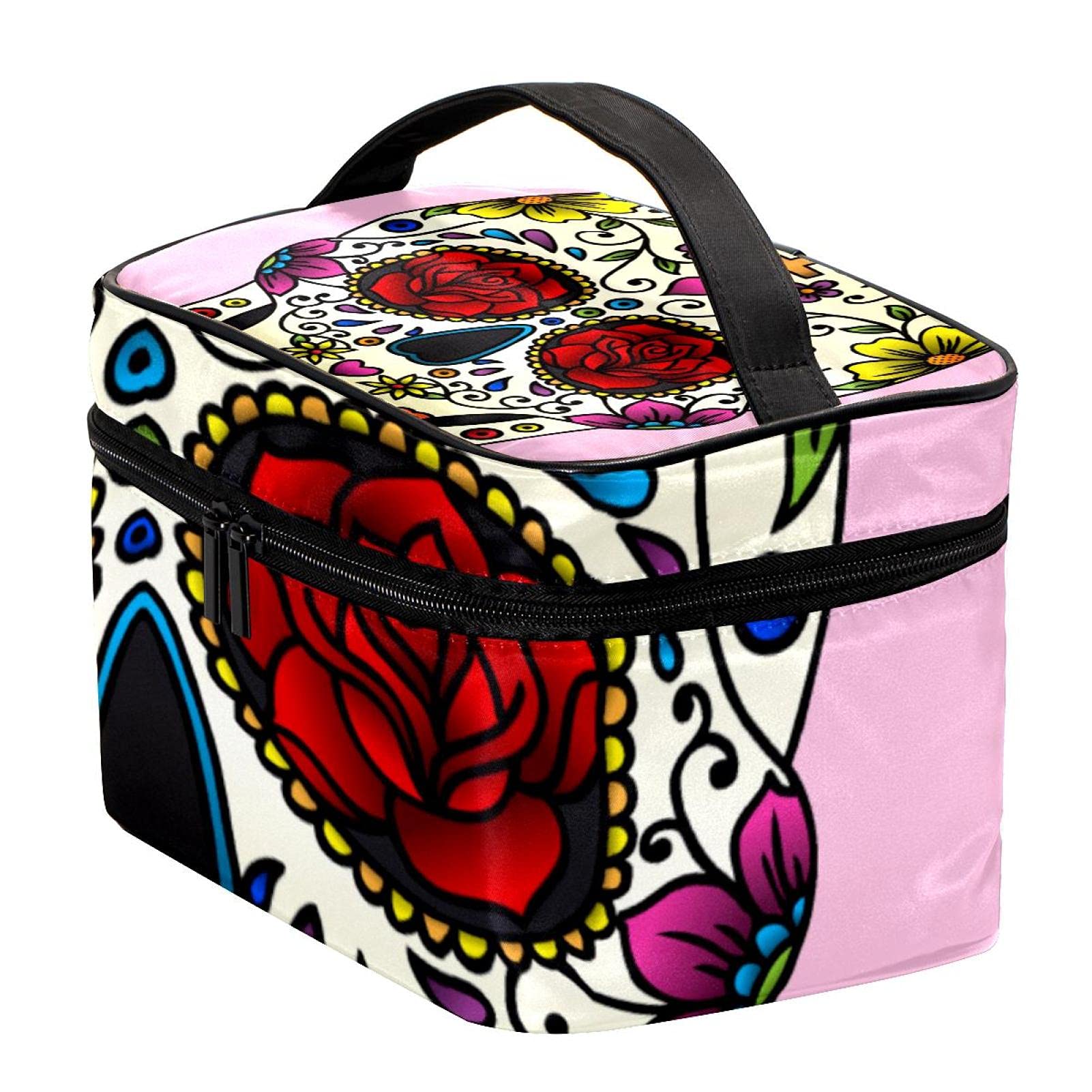 Stylish Sugar Skull & Rose Floral Travel Makeup Bag - Large Cosmetic Organizer with Zipper for Women & Girls | Perfect for Vacations, Gym & Daily Essentials Storage