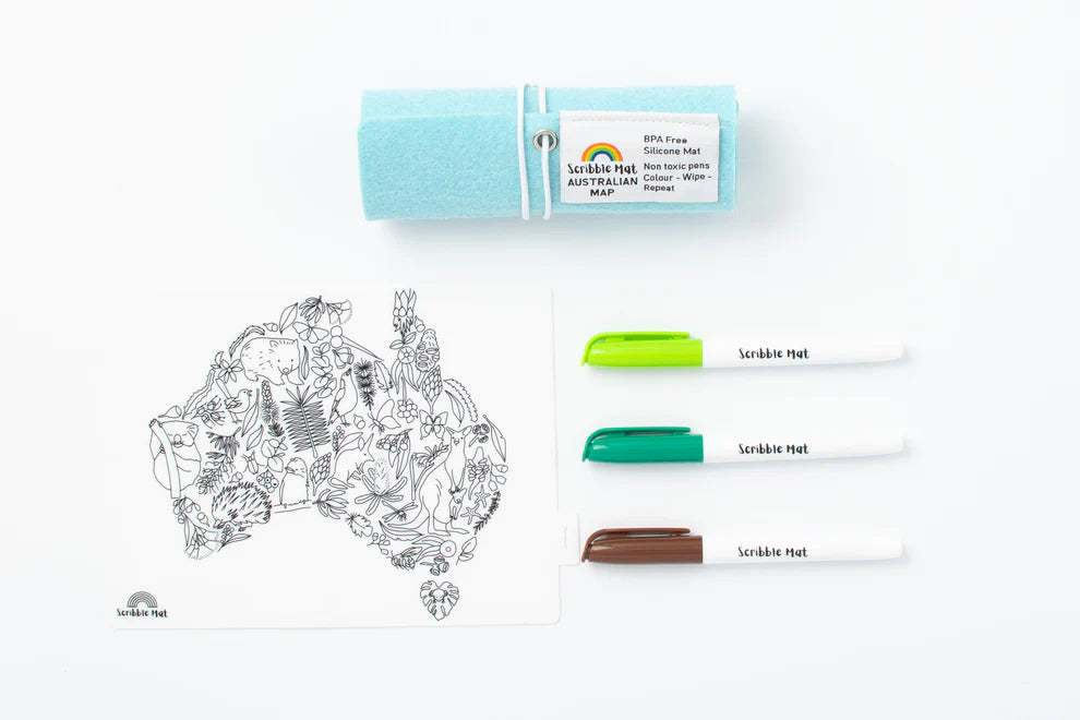 Reusable Scribble Mat Set with Mini Australian Map - Kids Drawing & Learning Activity for Home & Travel