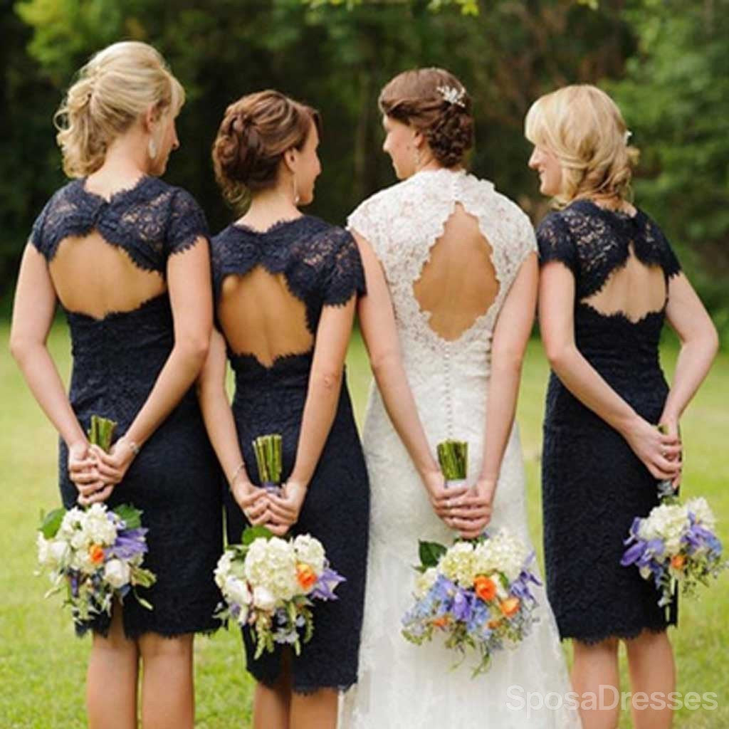 Elegant Navy Blue Lace Knee-Length Bridesmaid Dresses - WG095 | Perfect for Weddings, Formal Events & Special Occasions