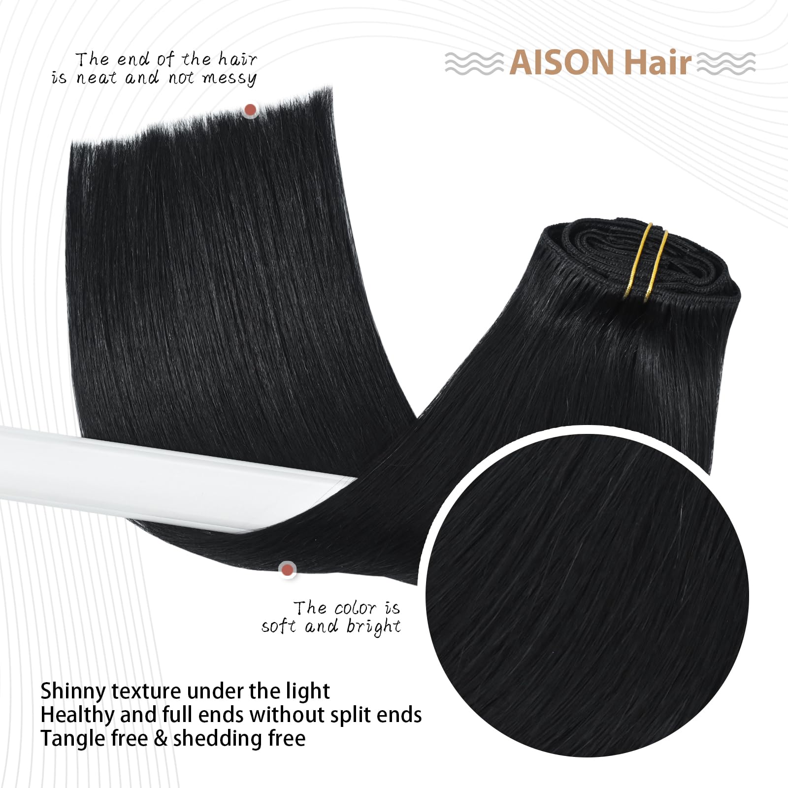 Aison Jet Black Clip-in Hair Extensions 70G - 100% Remy Human Hair, Silky Straight, 7pcs 16 Clips, 20 Inch - Perfect for Parties, Weddings & Everyday Styling