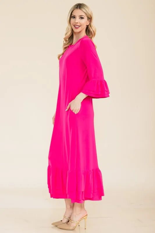 Celeste Plus Size Modest Midi Dress with 3/4 Ruffle Bell Sleeves - Flowy Church Dress for Women, Wedding Guest Outfit & Special Occasion Wear