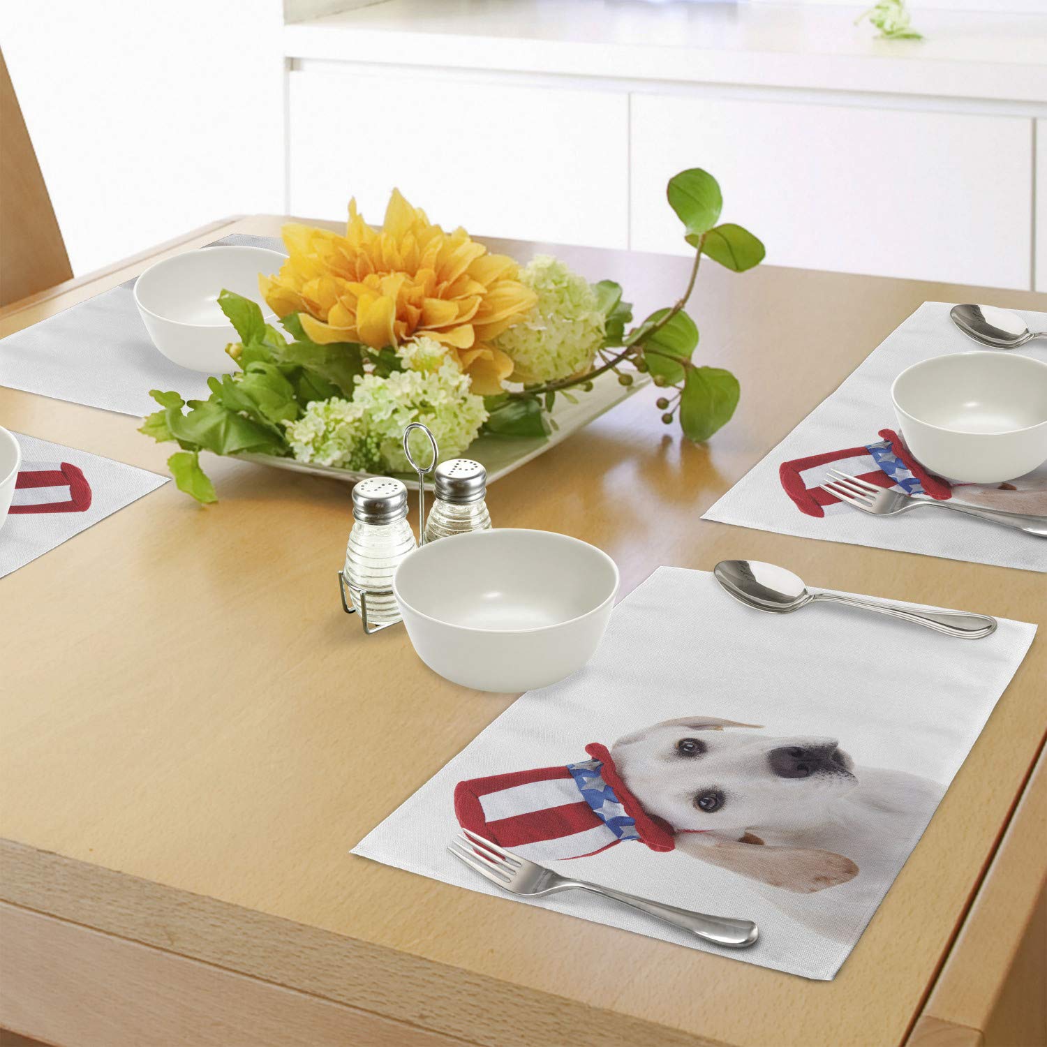 Ambesonne 4th of July Patriotic Place Mats Set of 4 - Washable Fabric Table Mats Featuring White Dog in Uncle Sam Hat for Independence Day Decor | Perfect for Dining Room, Kitchen Table & Holiday Celebrations