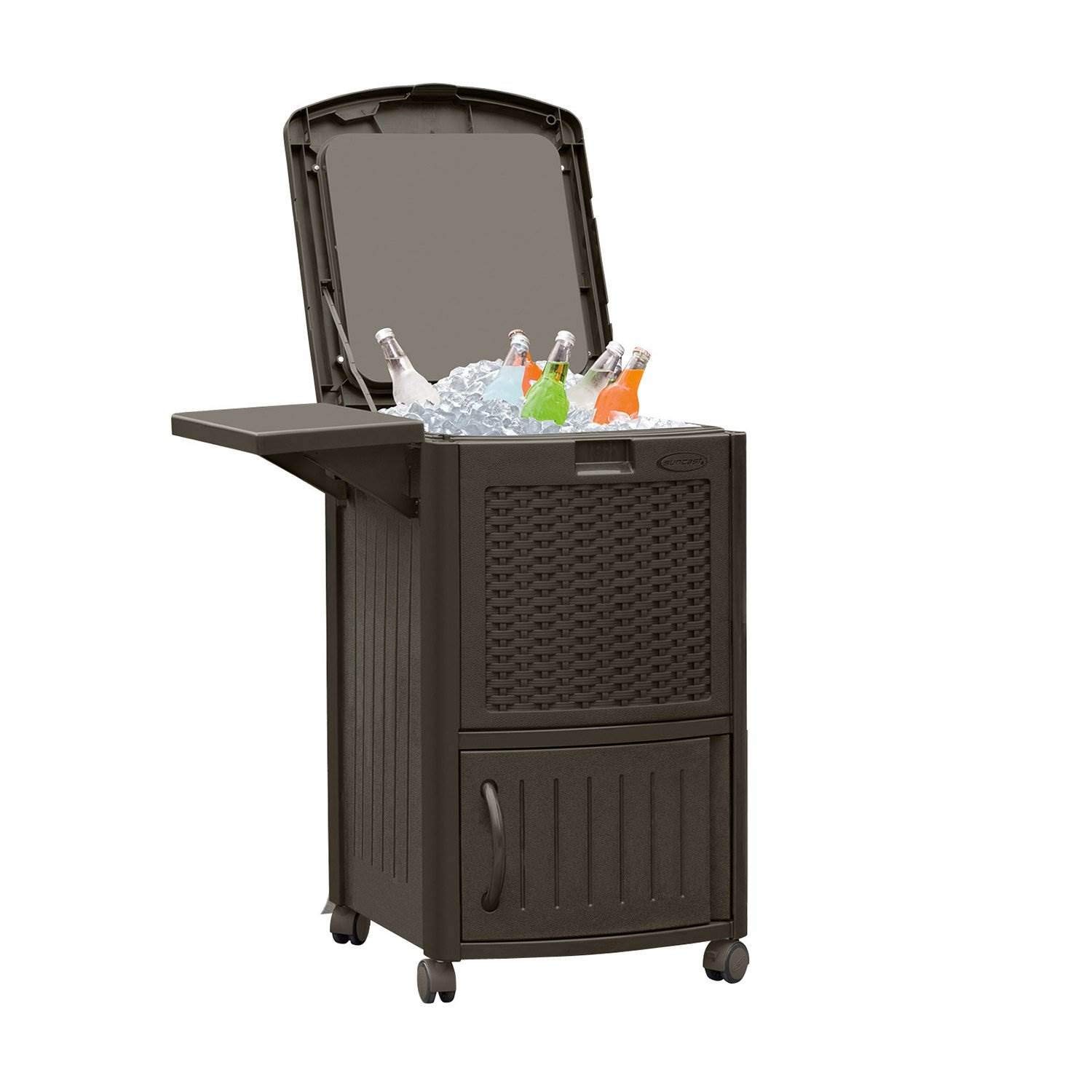 Suncast 77 Qt Resin Wicker Patio Cooler with Cabinet & Wire Basket - 2 Pack, Java Brown - Outdoor Party, Picnic, BBQ, Beach & Camping Essential