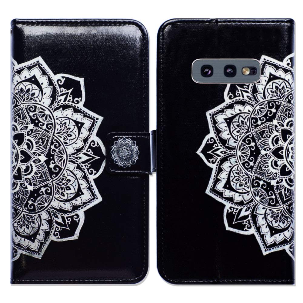 Premium Leather Wallet Case for Samsung Galaxy S10e - Black with White Mandala Design, Credit Card Holder, ID Slot & Kickstand | Perfect for Work, Travel & Daily Protection