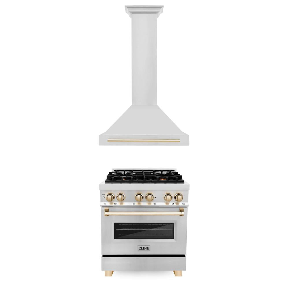 ZLINE Autograph Edition 30-inch Stainless Steel Dual Fuel Range with Range Hood - Polished Gold Accents (2AKP RARH30 G) | Professional Kitchen Upgrade for Home Chefs & Culinary Enthusiasts