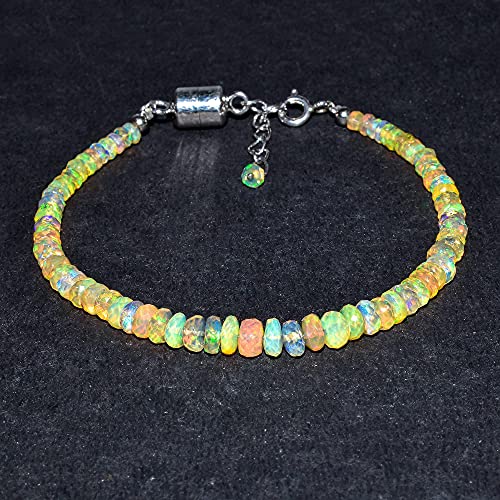 Natural Ethiopian Fire Welo Opal Beads Bangle Bracelet - Handmade 925 Sterling Silver with Magnetic Lock - October Birthstone & Healing Crystal Jewelry for Women - Perfect Wedding Gift, Birthday Present & Spiritual Healing Accessory