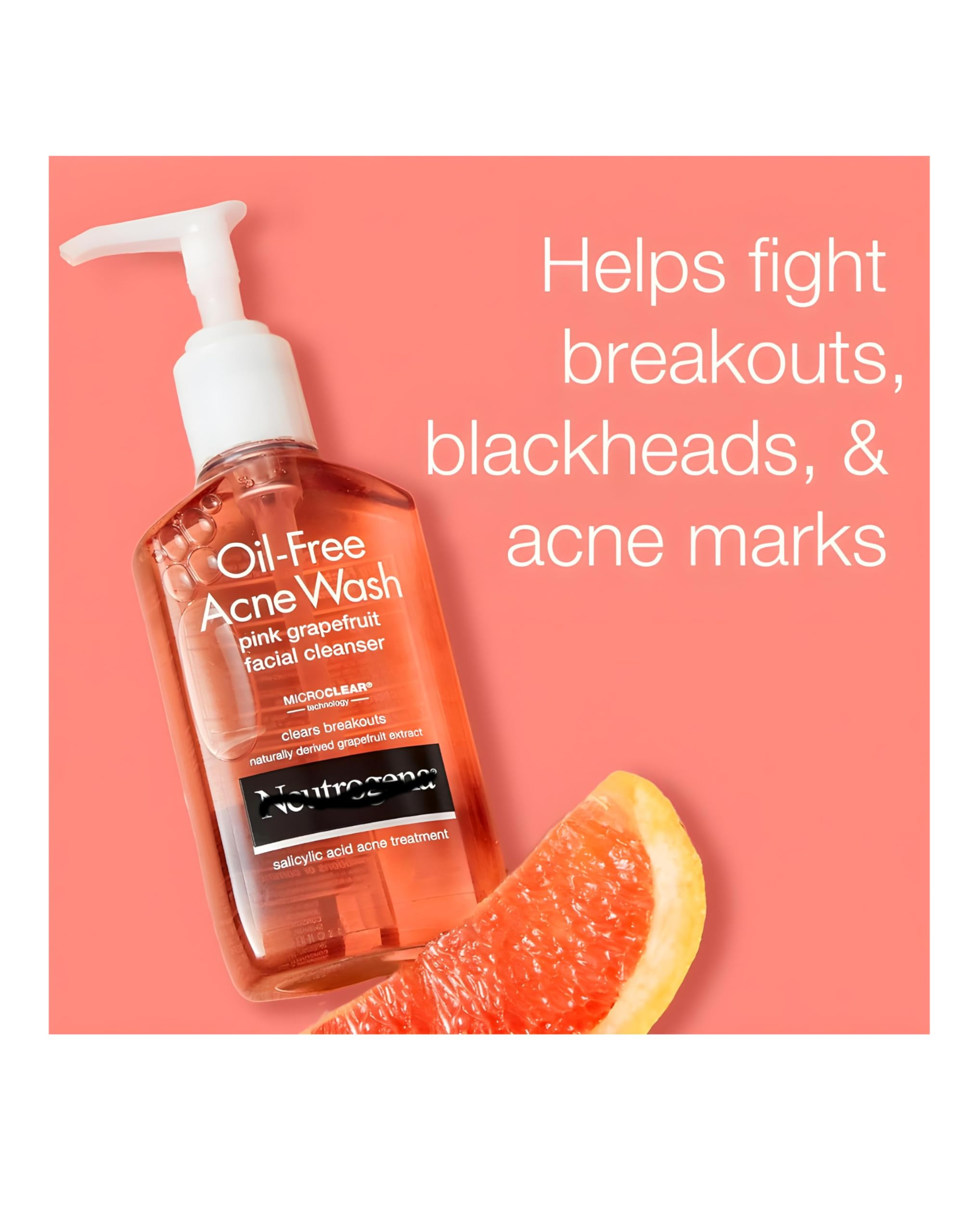 Neutrogena Oil-Free Pink Grapefruit Acne Facial Cleanser, 6 fl oz - Gentle Daily Face Wash for Oily & Acne-Prone Skin - Refreshing Grapefruit Scent - Perfect for Morning & Night Skincare Routine