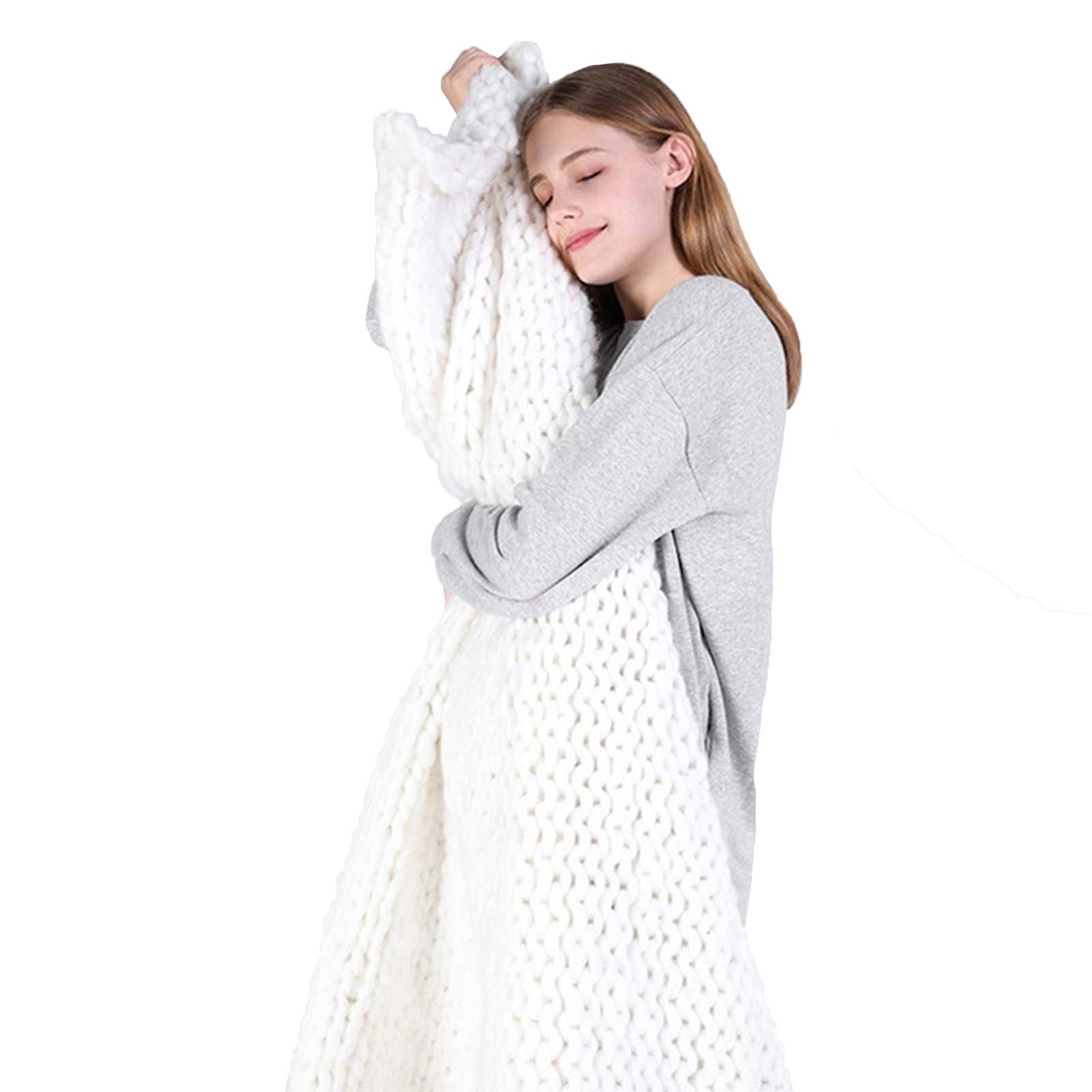 LICHUXIN Vegan Yarn Arm Knitting Giant Chunky Knit Blanket - Hand Knitted Soft Accent Throw for Bedroom, Sofa & Chair Decor - 47