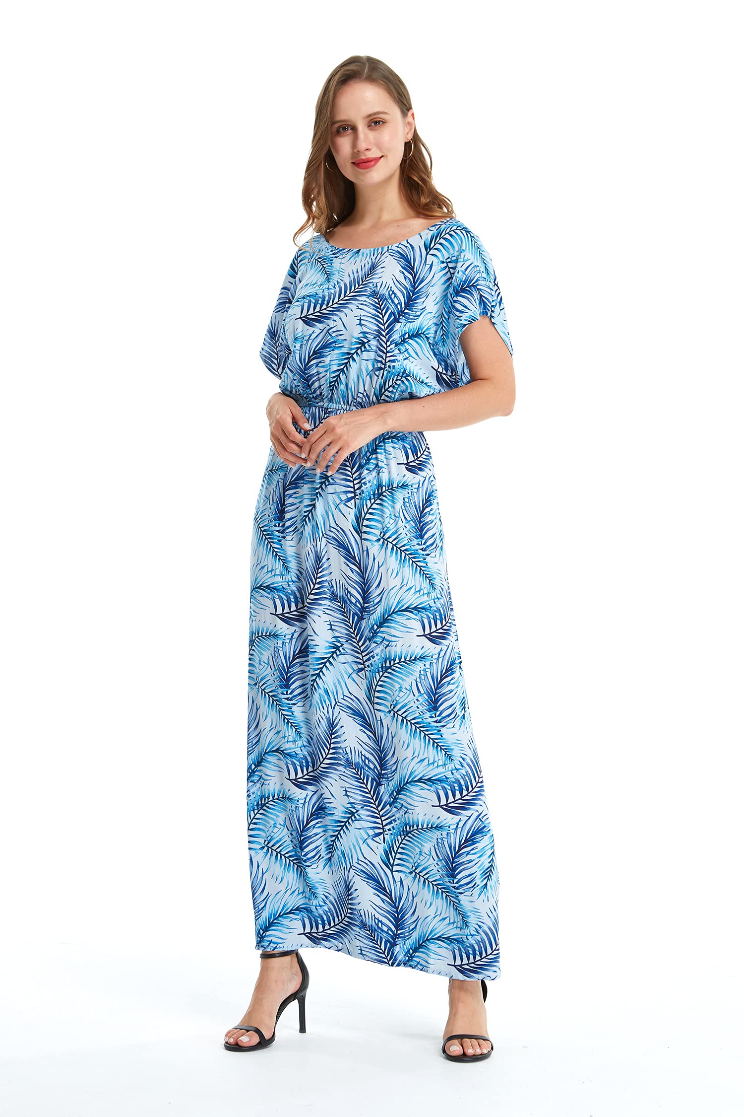 Women's Floral Hawaiian Luau Cap Sleeve Maxi Dress - Beach Wedding, Summer Vacation & Tropical Party Outfit
