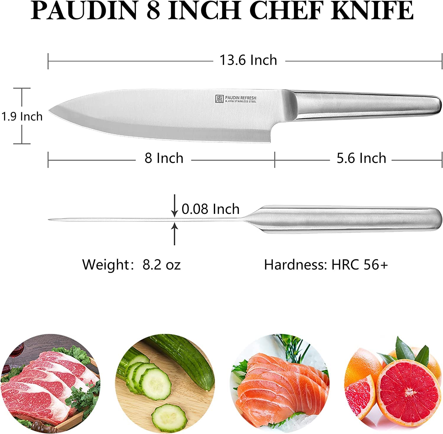 PAUDIN 8-Inch Chef Knife - High Carbon German Stainless Steel Kitchen Knife - Ultra Sharp Professional Chef's Knife with Ergonomic Hollow Handle - Perfect for Slicing, Dicing & Chopping Vegetables, Meat & Fruits (Silver)